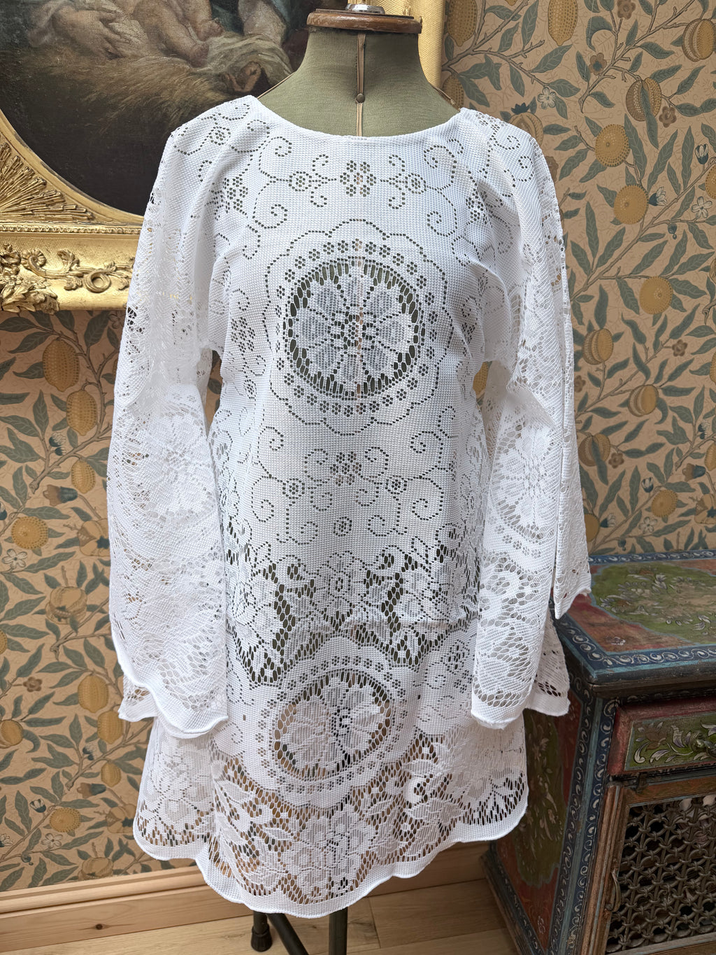 White Vintage Lace Bell Sleeve Festival Mini Dress