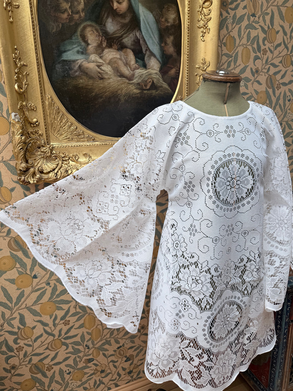 White Vintage Lace Bell Sleeve Festival Mini Dress