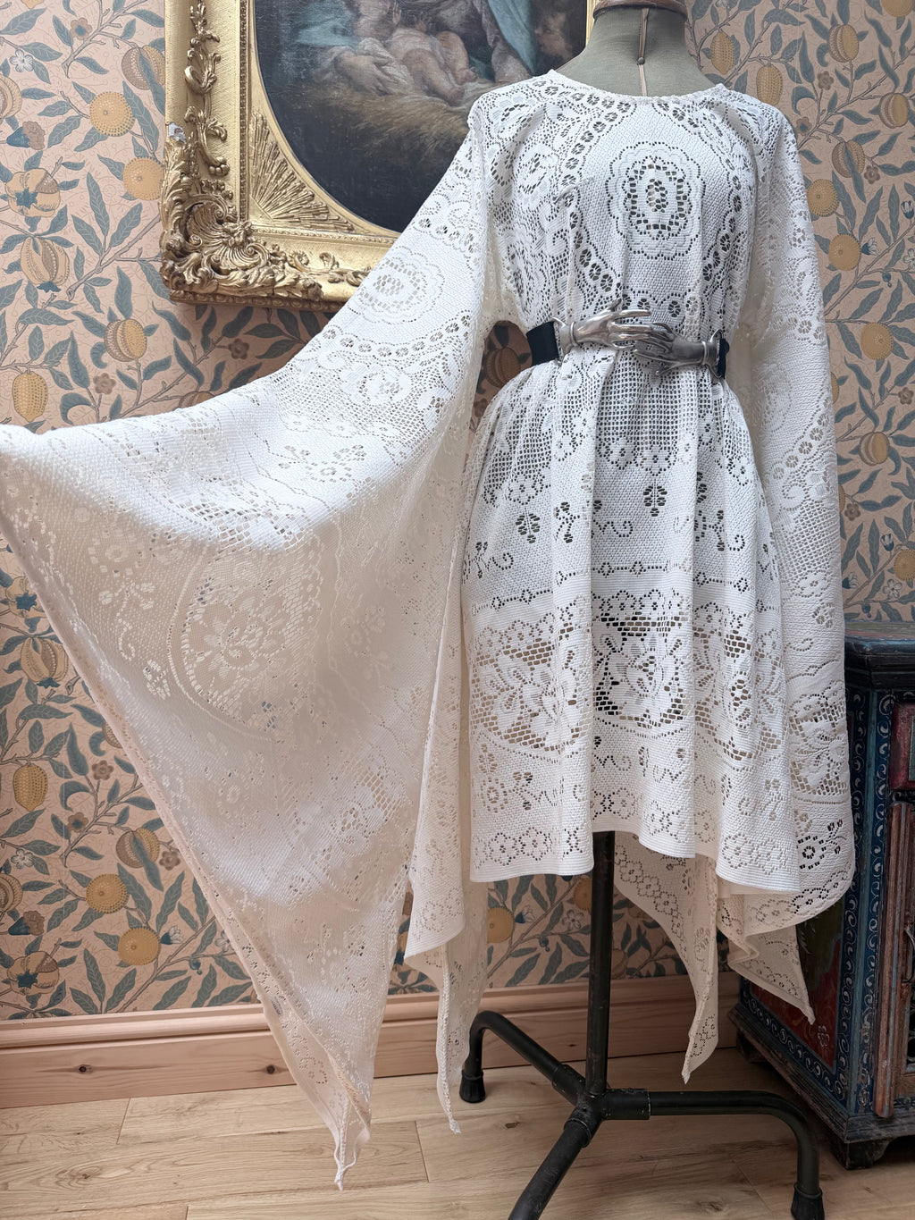 Cream Antique Lace Bell Sleeve Handmade Midi Dress