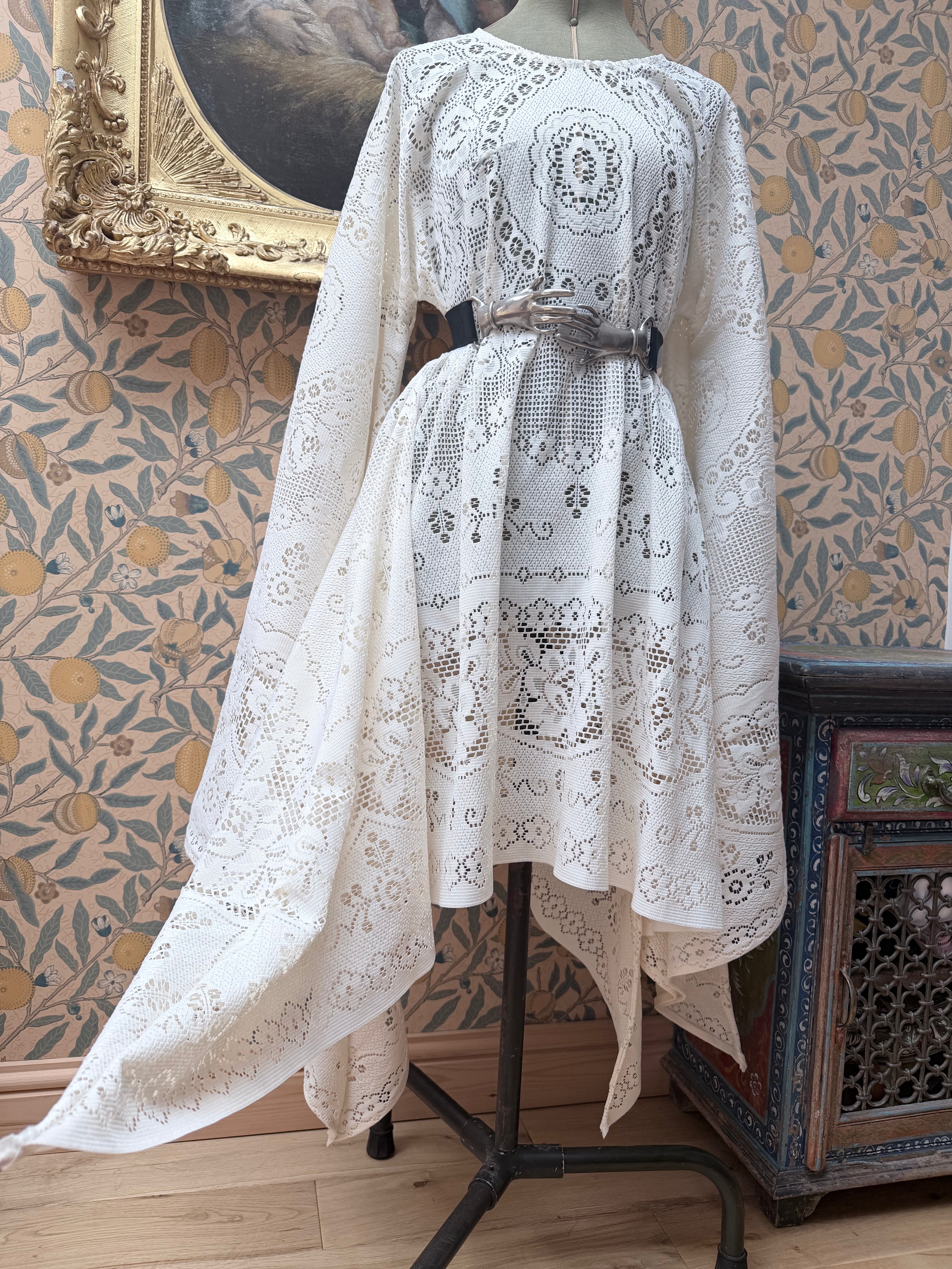 Cream Antique Lace Bell Sleeve Handmade Midi Dress