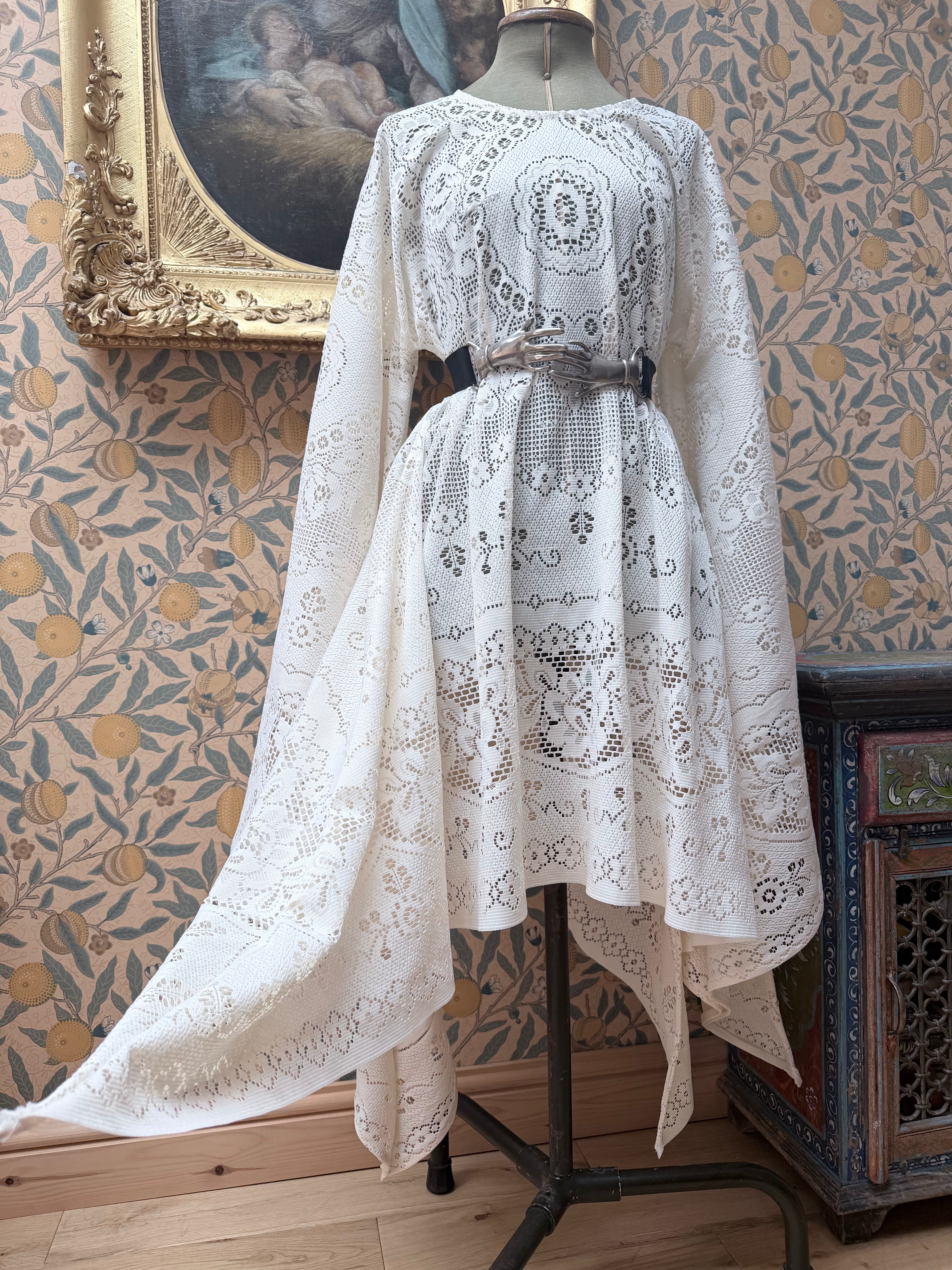 Cream Antique Lace Bell Sleeve Handmade Midi Dress