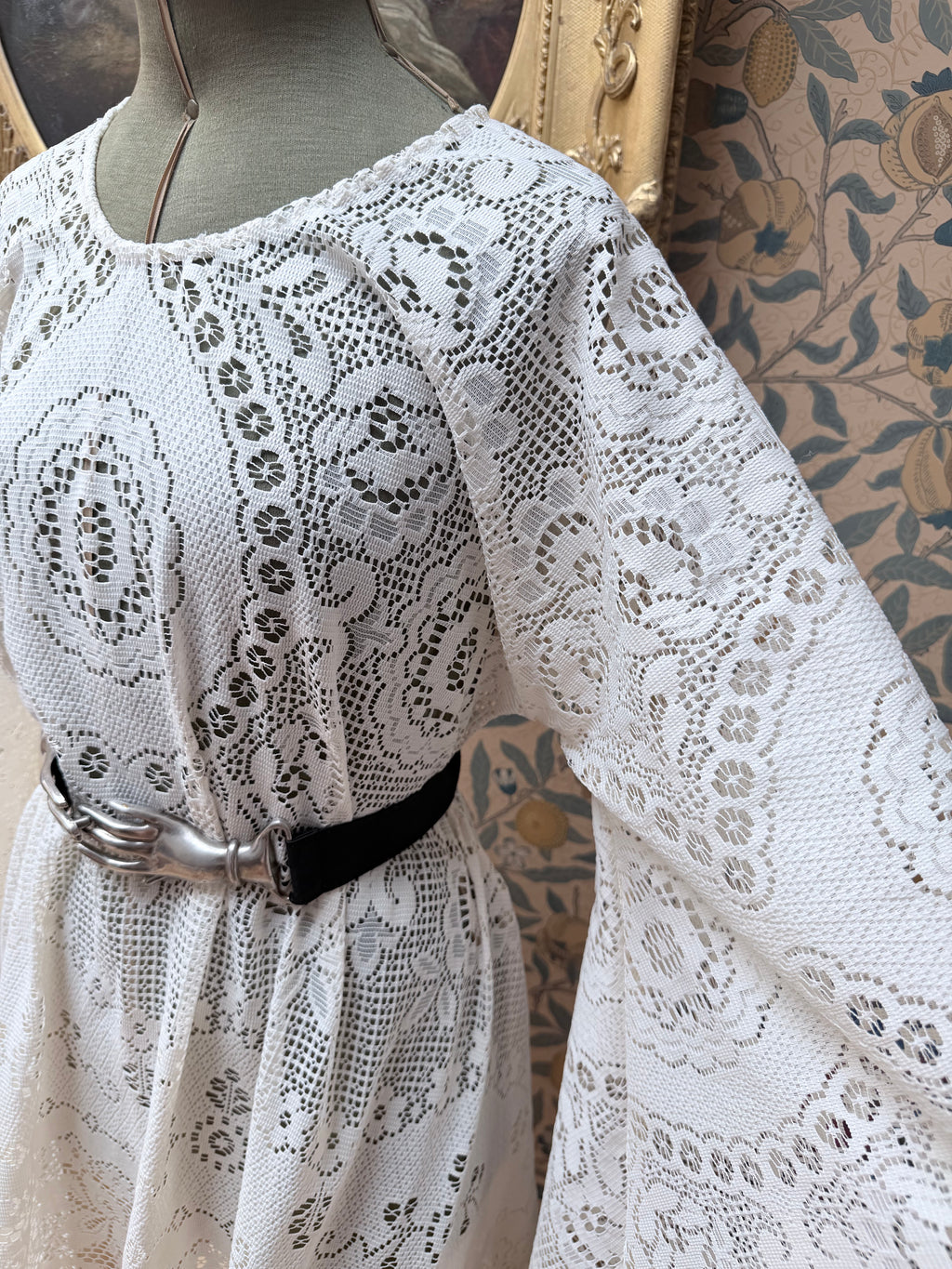 Cream Antique Lace Bell Sleeve Handmade Midi Dress