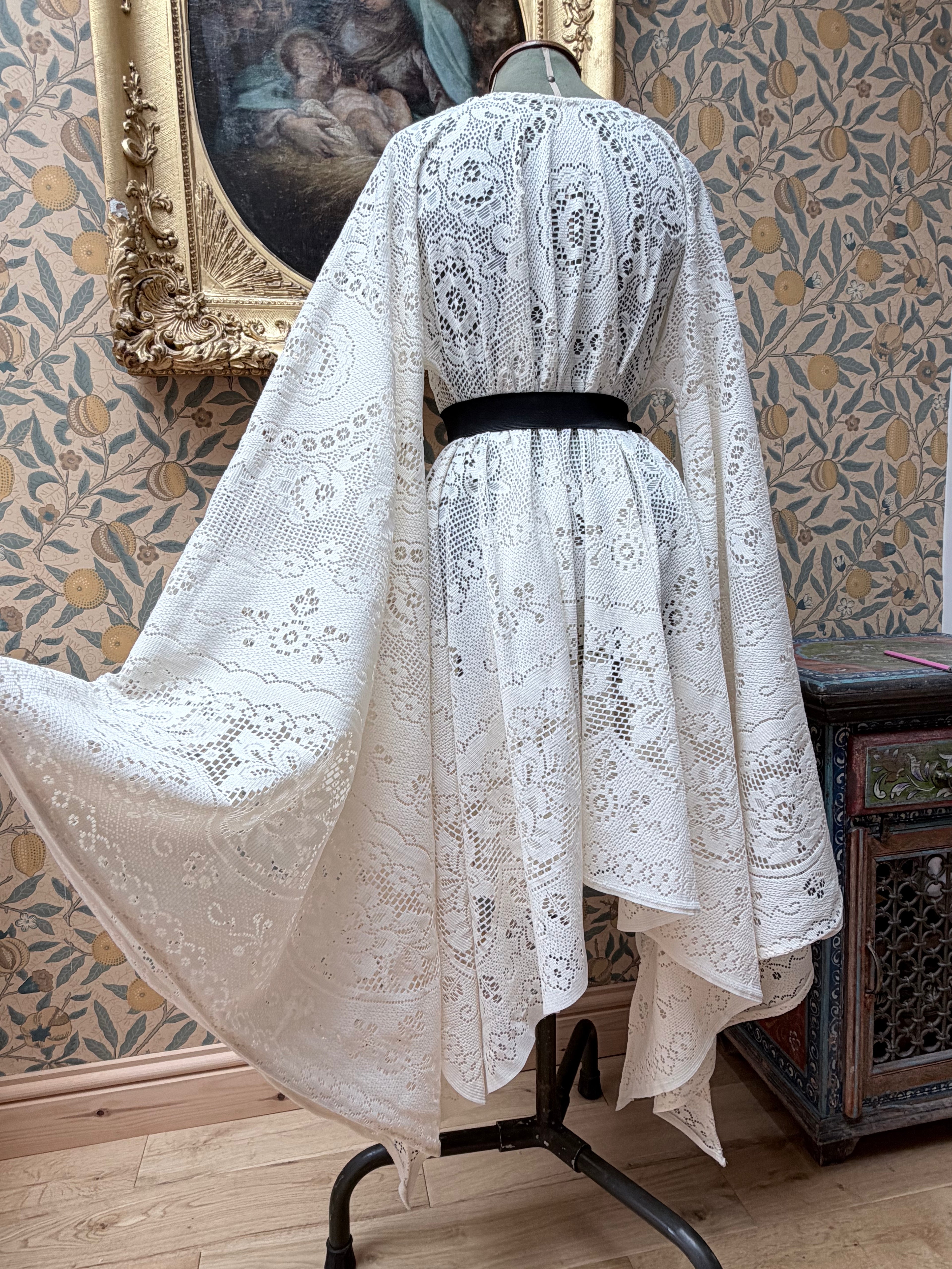 Cream Antique Lace Bell Sleeve Handmade Midi Dress