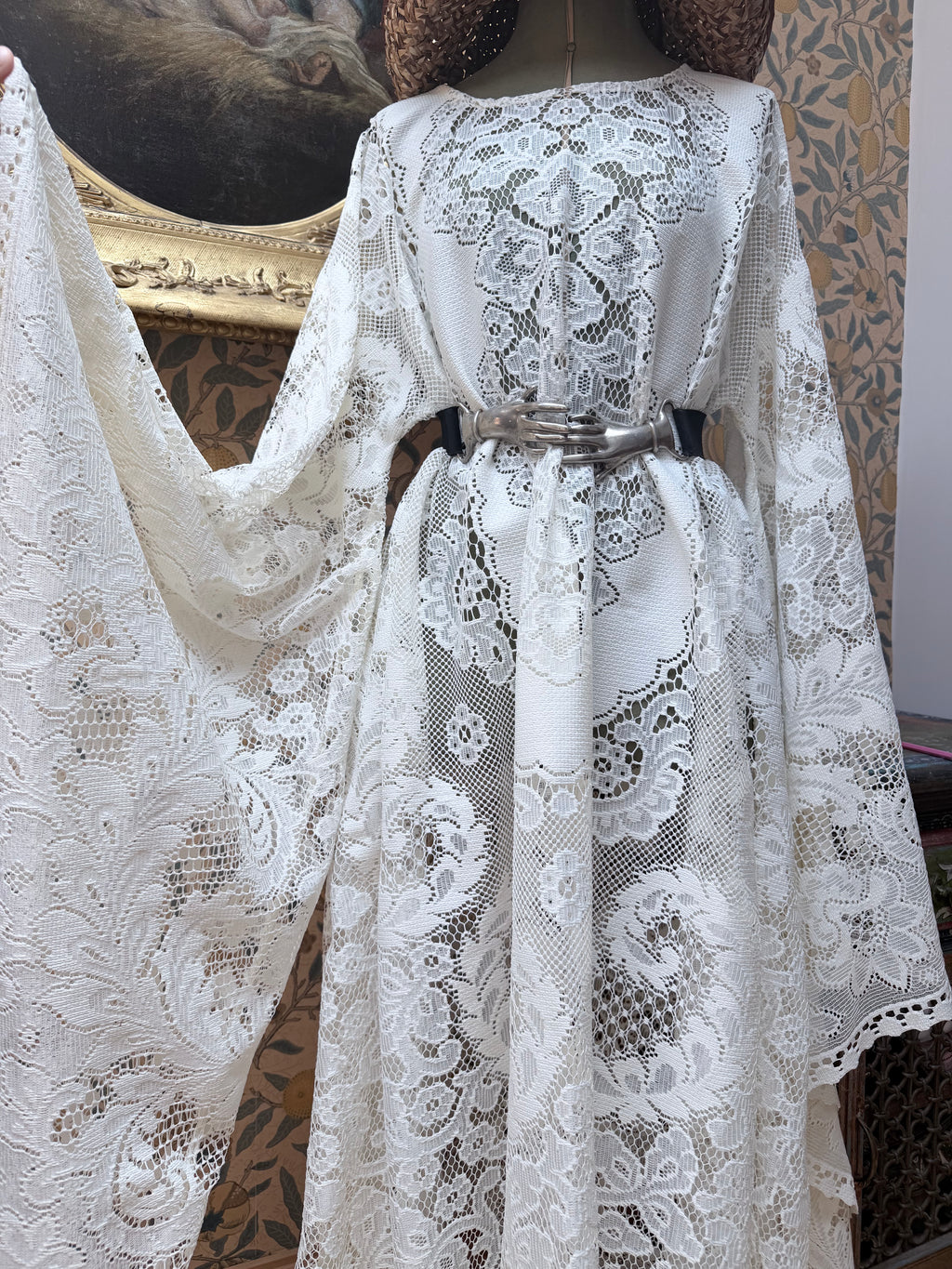 Cream Antique Lace Bell Sleeve Handmade Maxi Dress