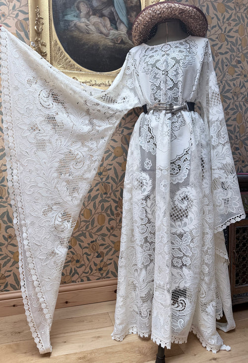Cream Antique Lace Bell Sleeve Handmade Maxi Dress