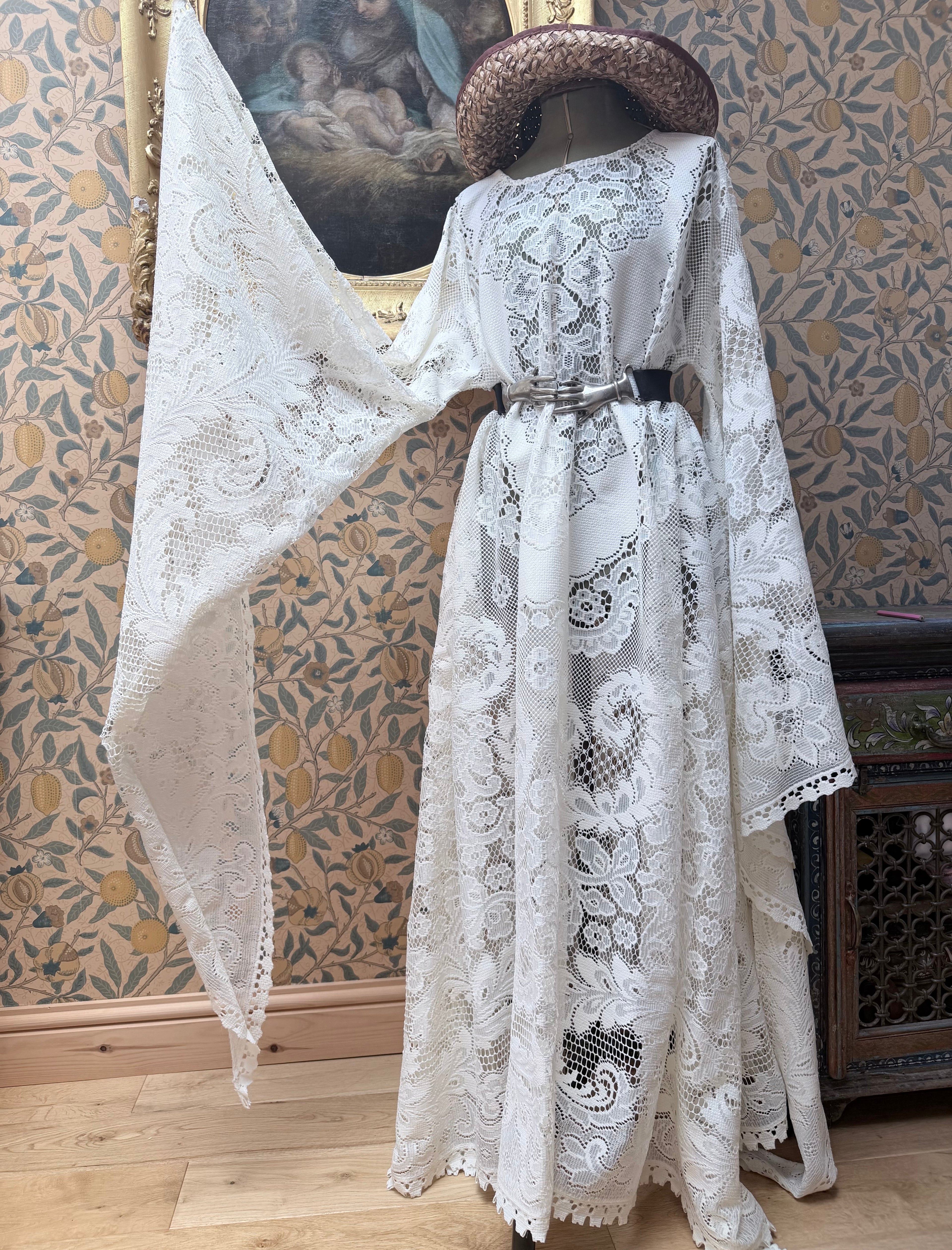 Cream Antique Lace Bell Sleeve Handmade Maxi Dress