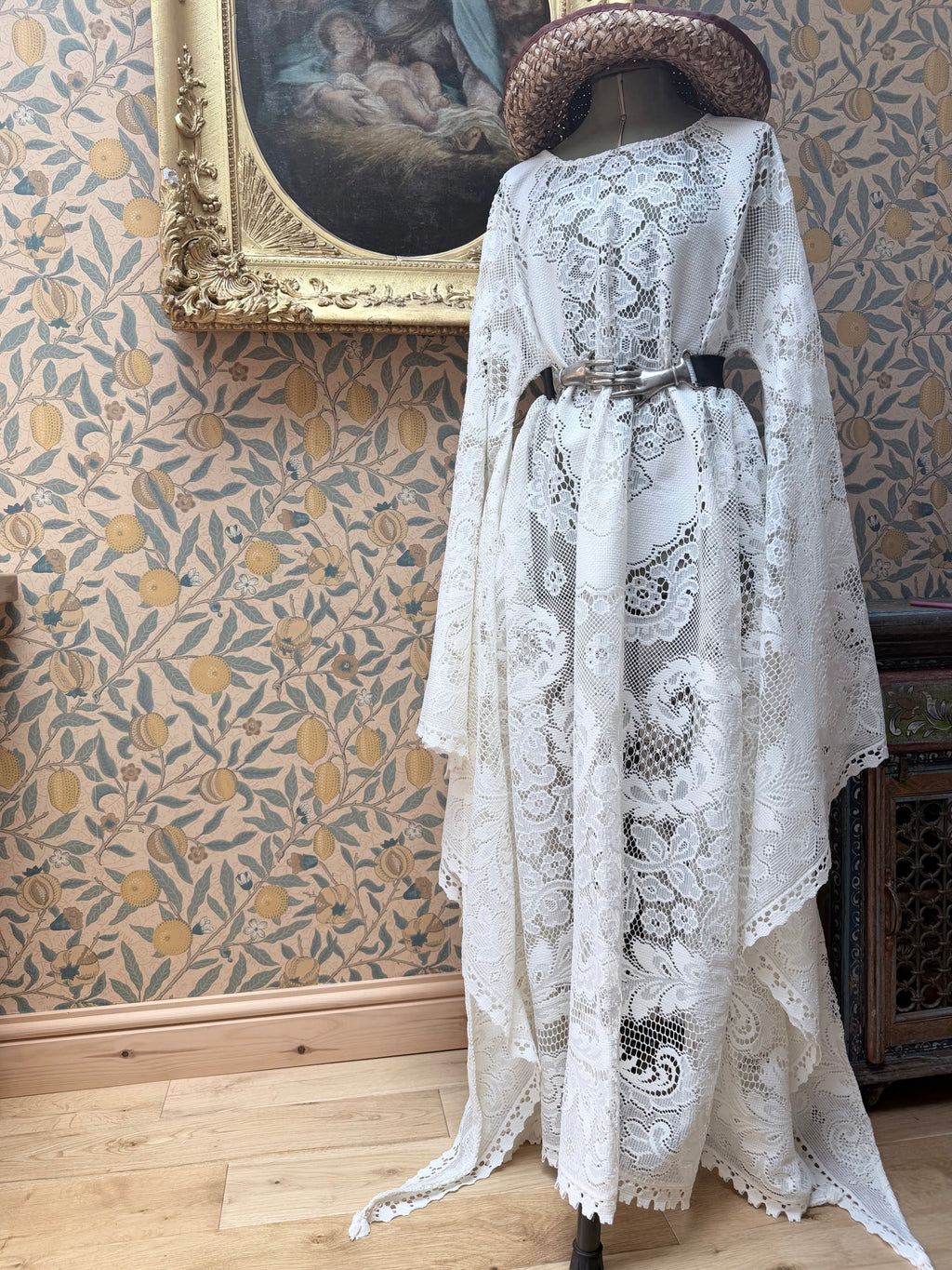 Cream Antique Lace Bell Sleeve Handmade Maxi Dress