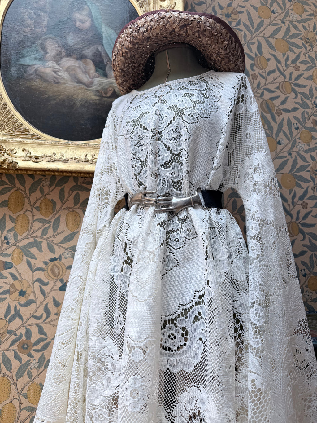Cream Antique Lace Bell Sleeve Handmade Maxi Dress