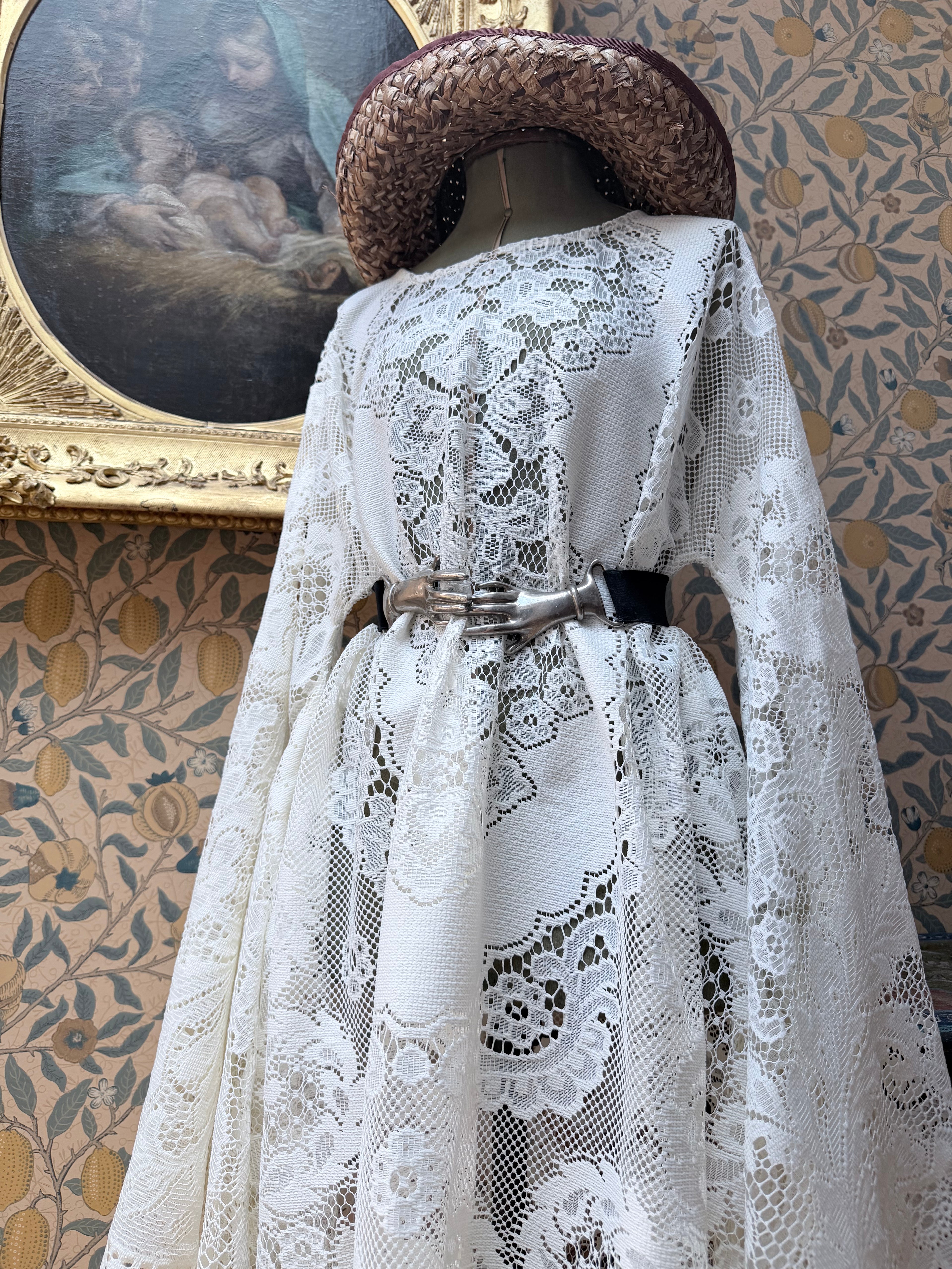 Cream Antique Lace Bell Sleeve Handmade Maxi Dress