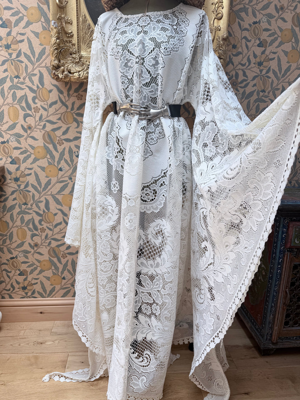 Cream Antique Lace Bell Sleeve Handmade Maxi Dress