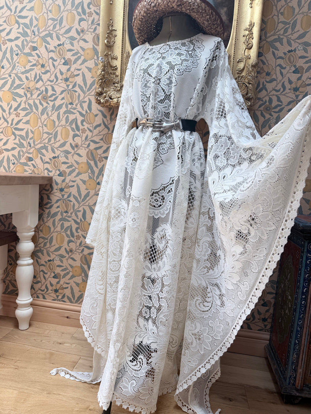 Cream Antique Lace Bell Sleeve Handmade Maxi Dress
