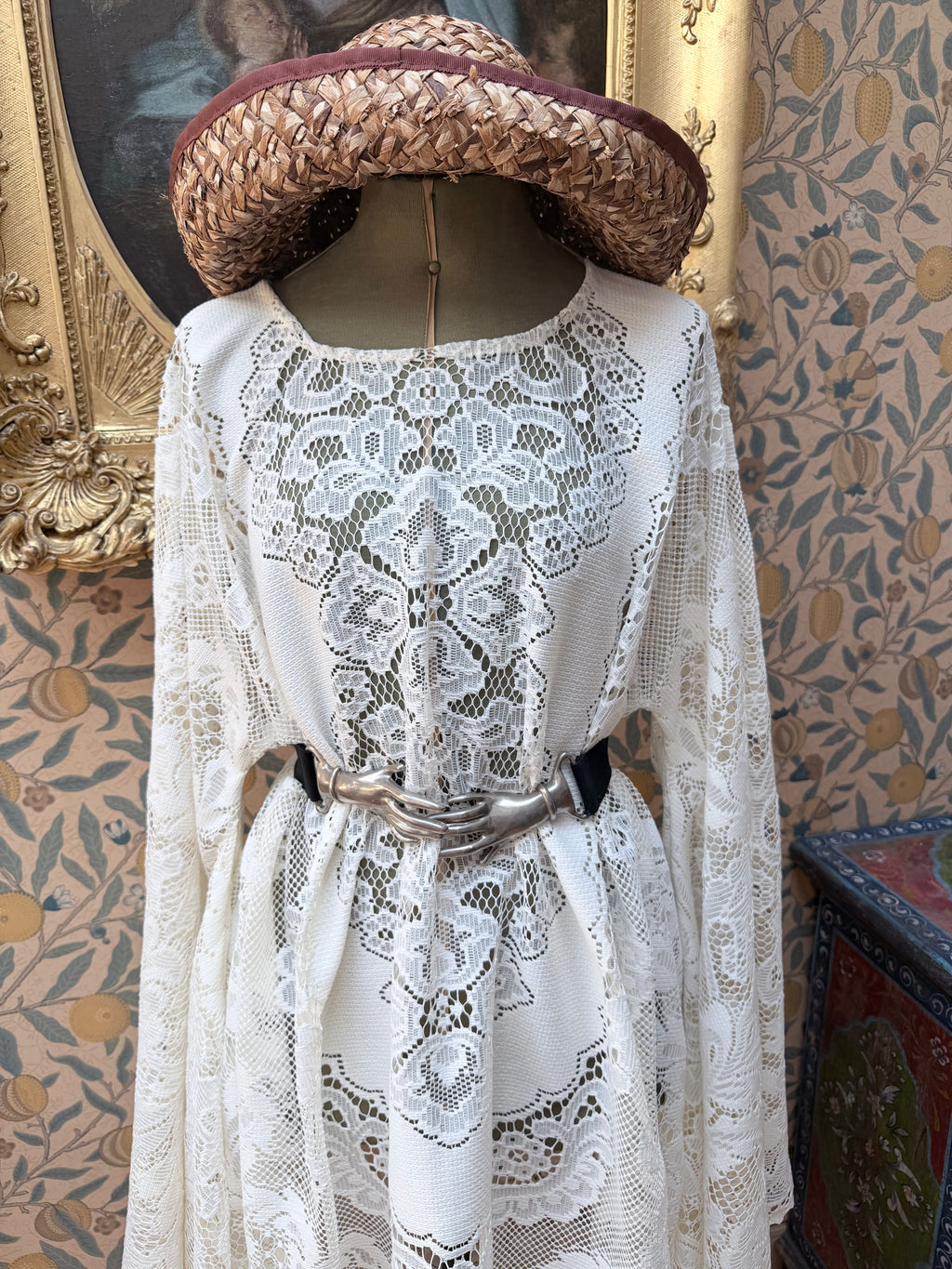 Cream Antique Lace Bell Sleeve Handmade Maxi Dress