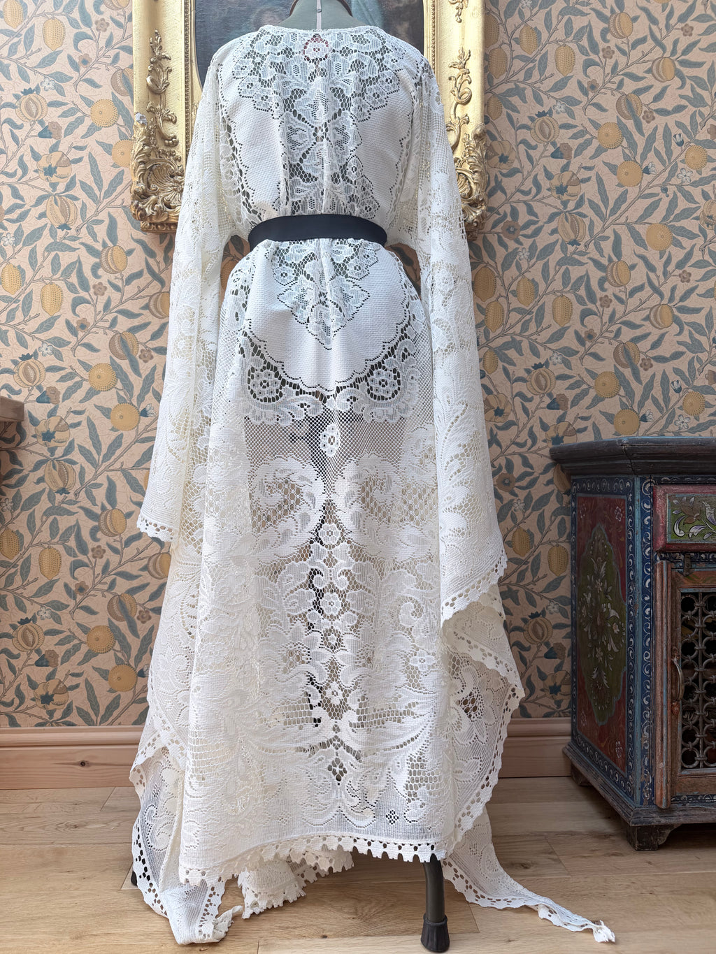 Cream Antique Lace Bell Sleeve Handmade Maxi Dress