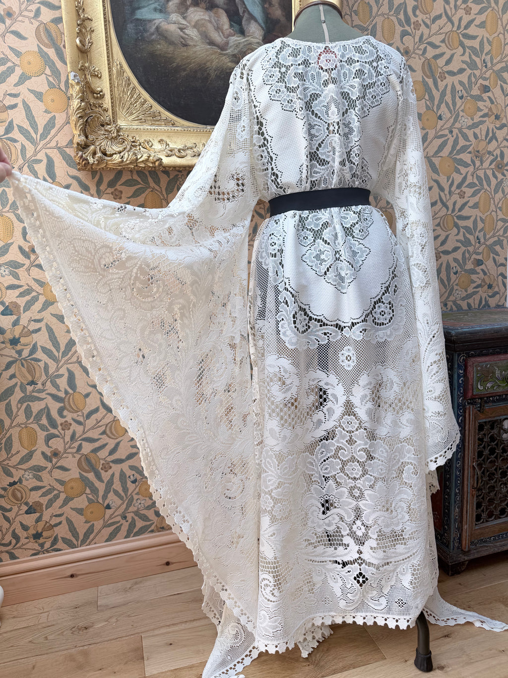Cream Antique Lace Bell Sleeve Handmade Maxi Dress