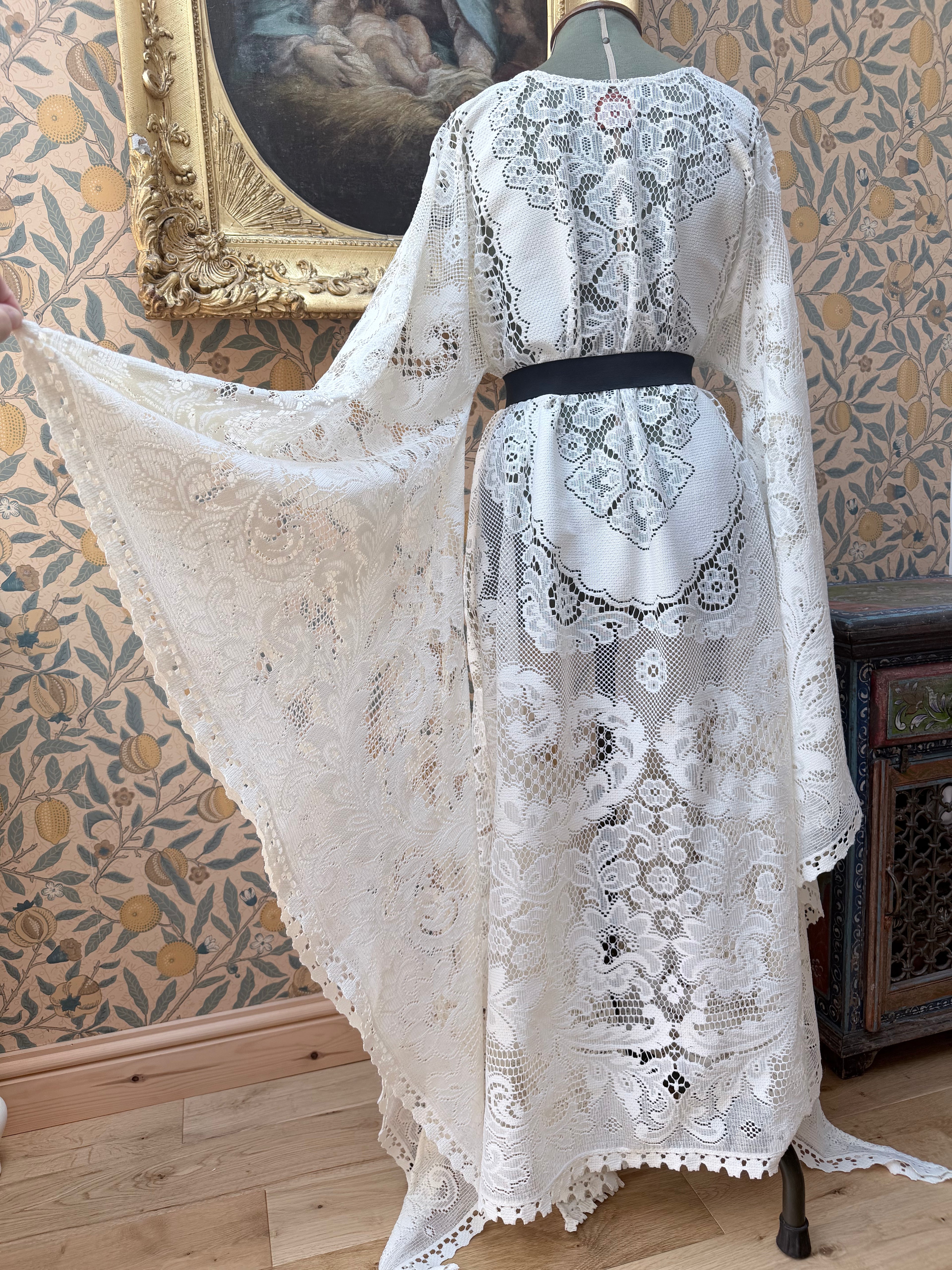 Cream Antique Lace Bell Sleeve Handmade Maxi Dress