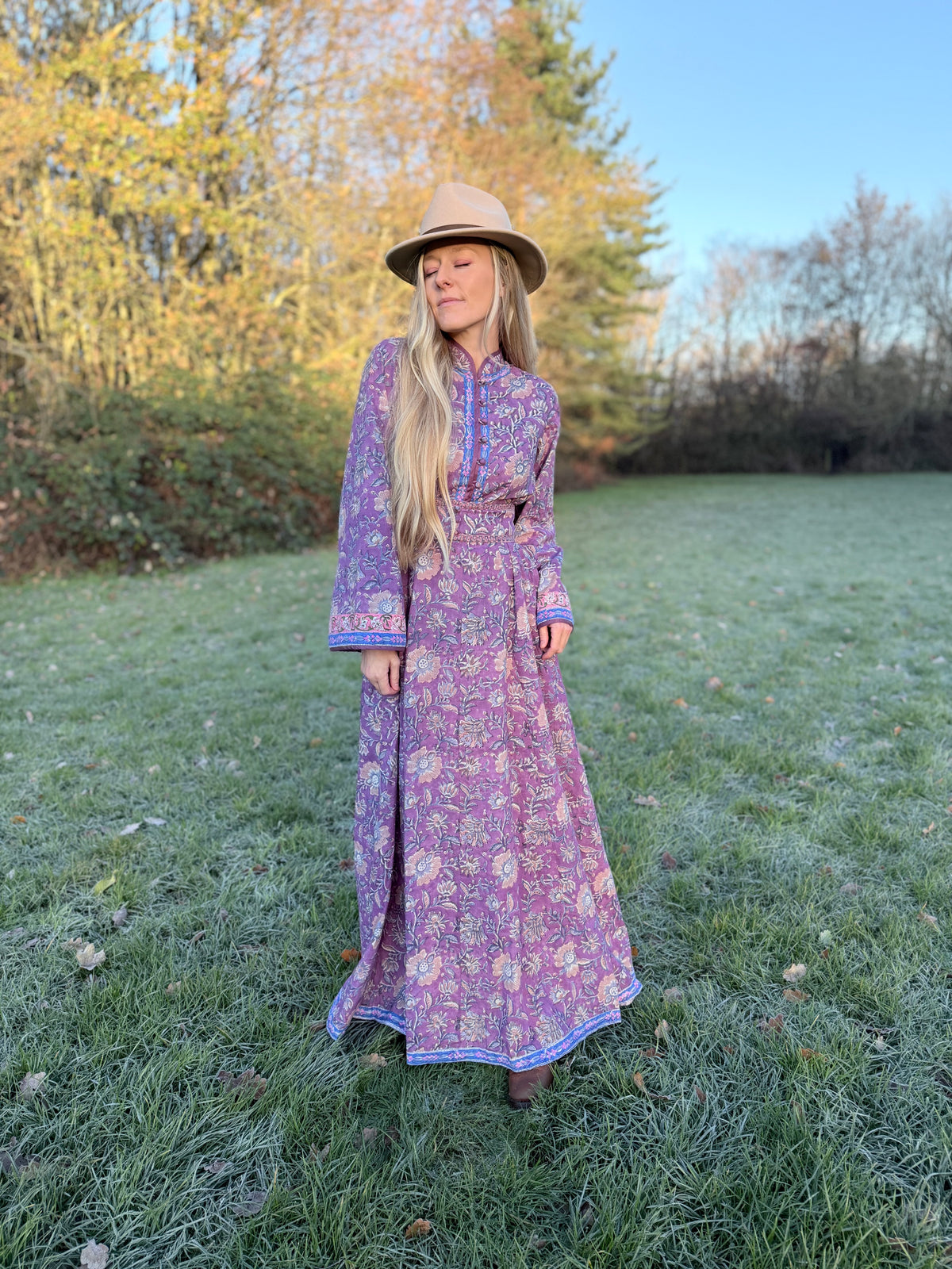 The Florence Bell Sleeve Dress in Purple | Traditionally Made & Block Printed