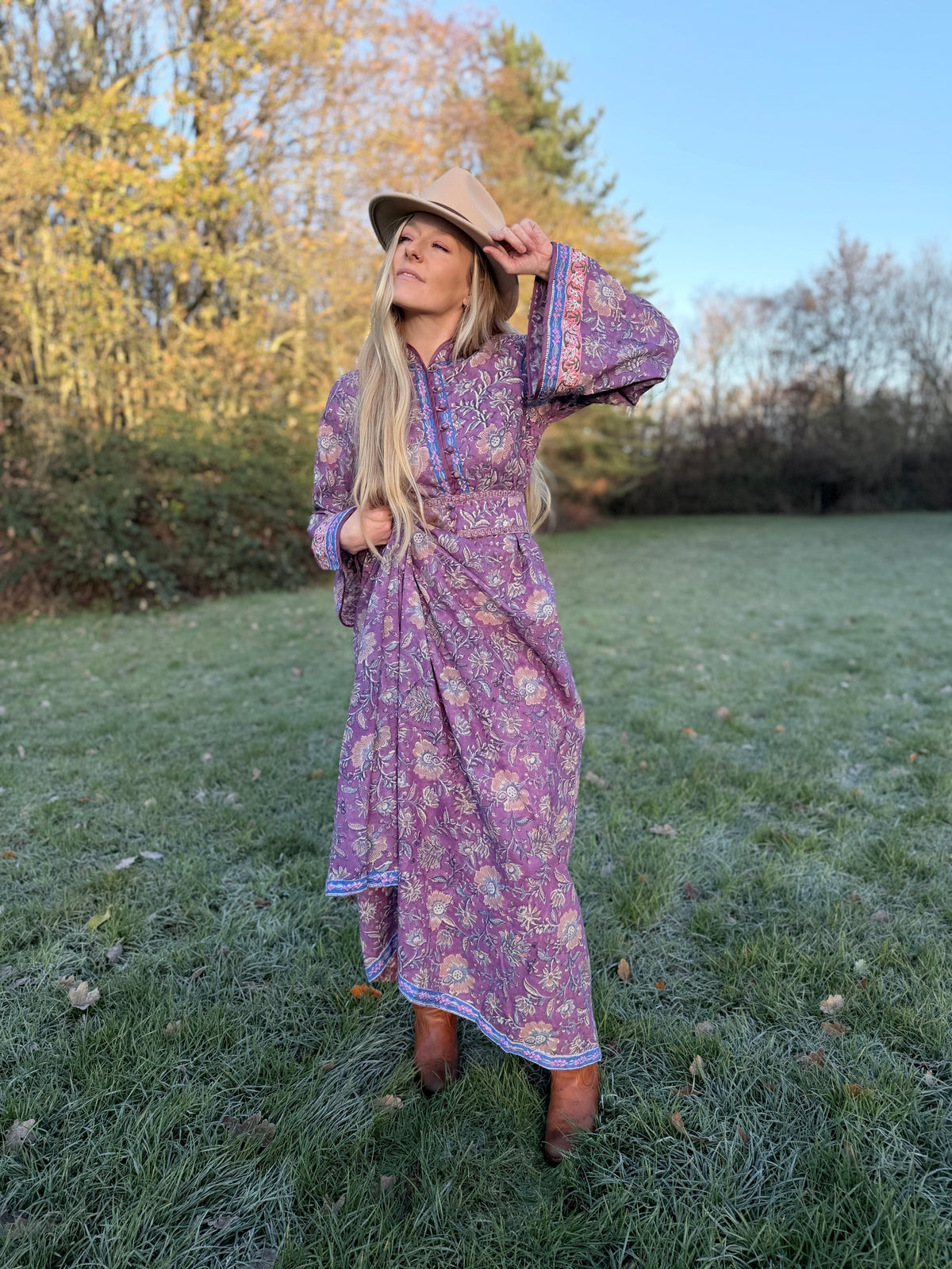 The Florence Bell Sleeve Dress in Purple | Traditionally Made & Block Printed