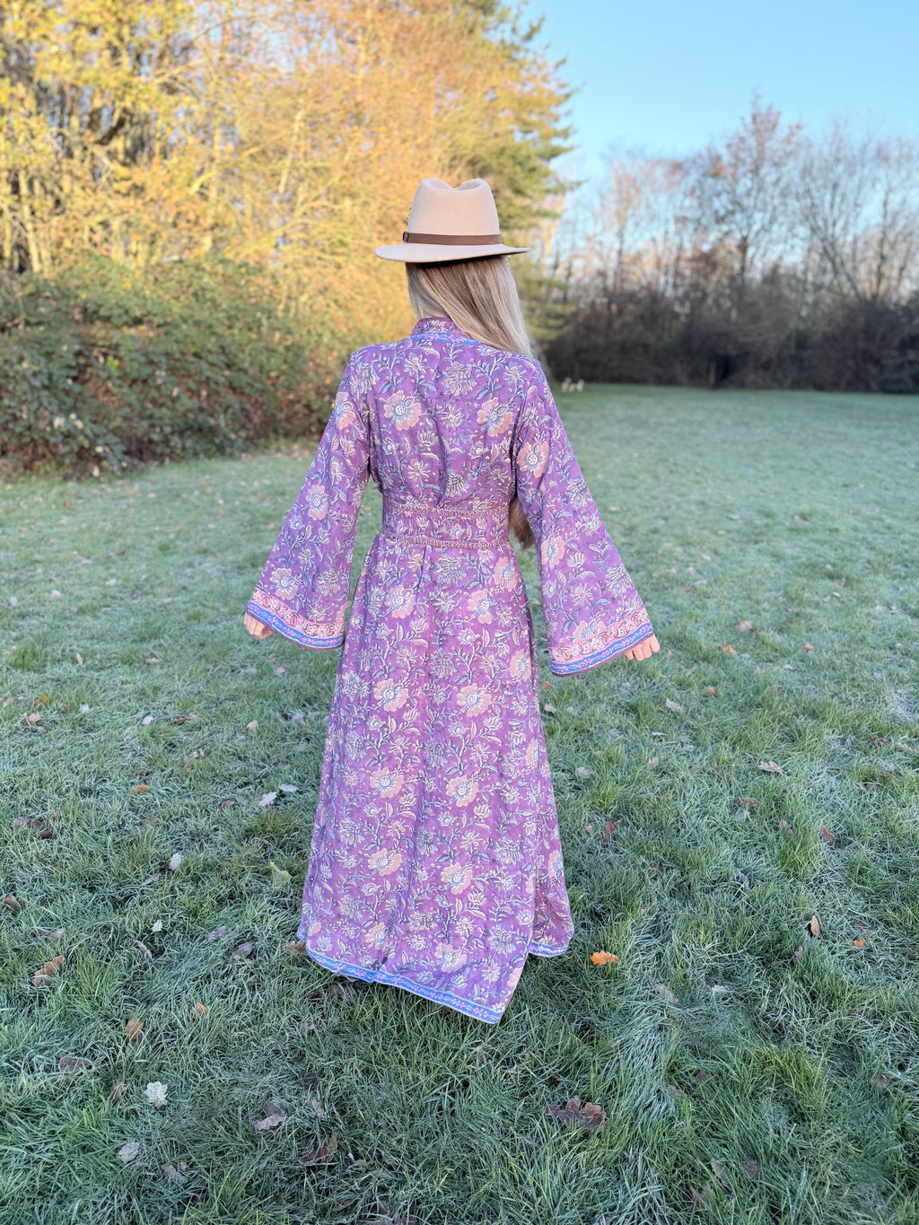 The Florence Bell Sleeve Dress in Purple | Traditionally Made & Block Printed