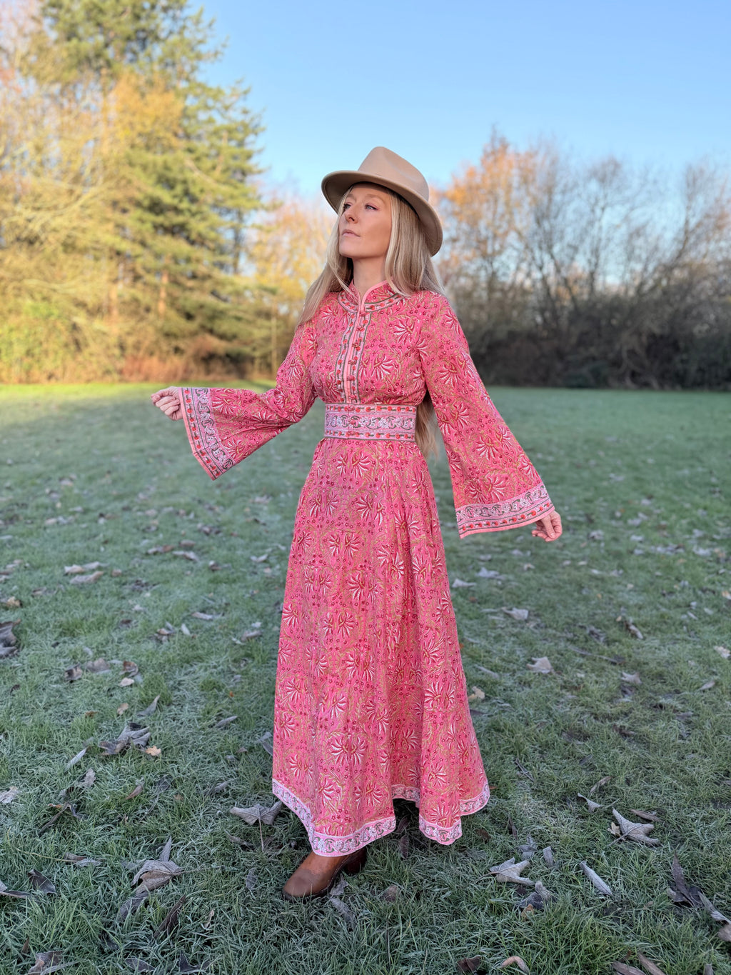 The Florence Bell Sleeve Dress in Pink | Traditionally Made & Block Printed