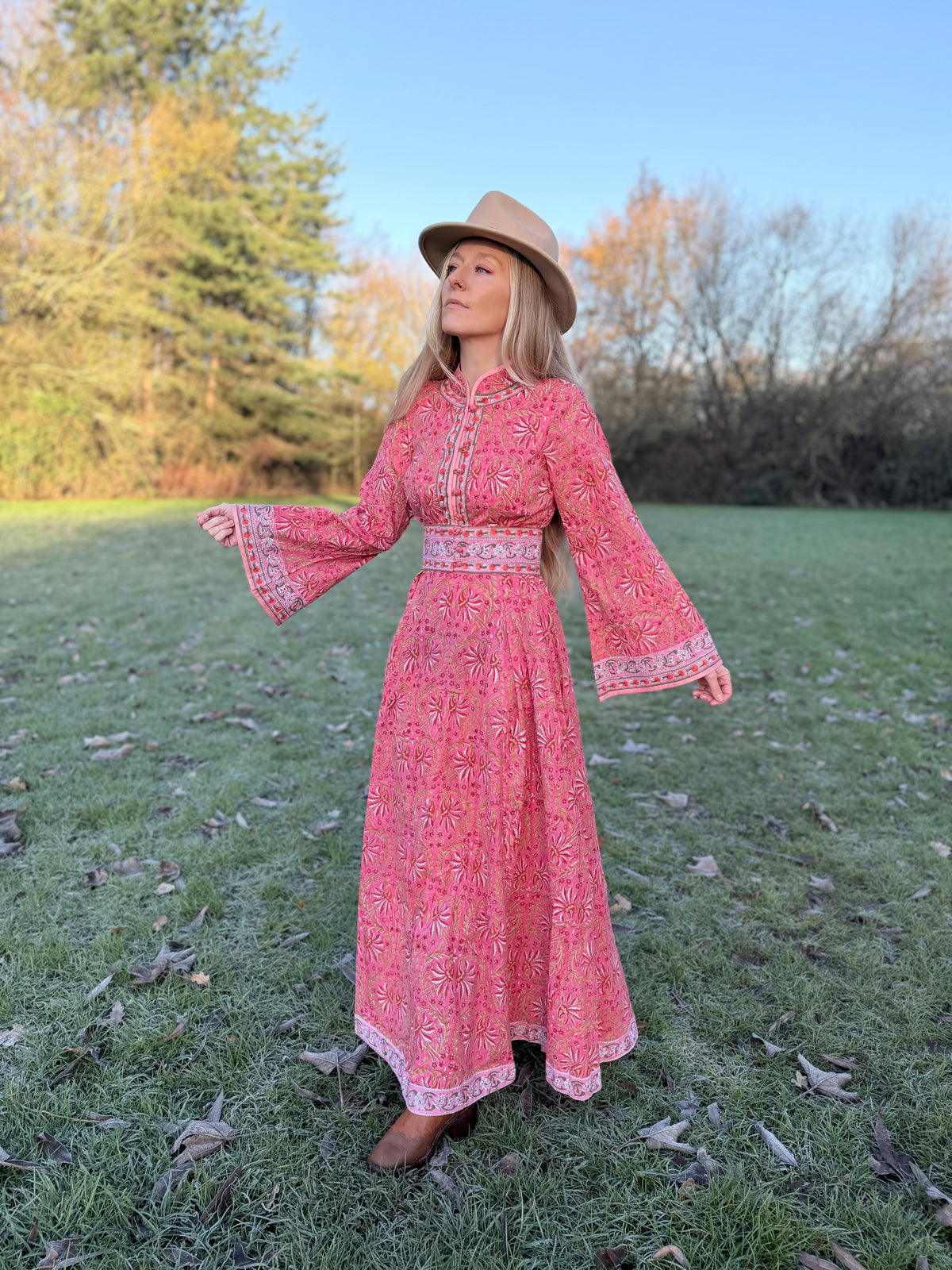 The Florence Bell Sleeve Dress in Pink | Traditionally Made & Block Printed