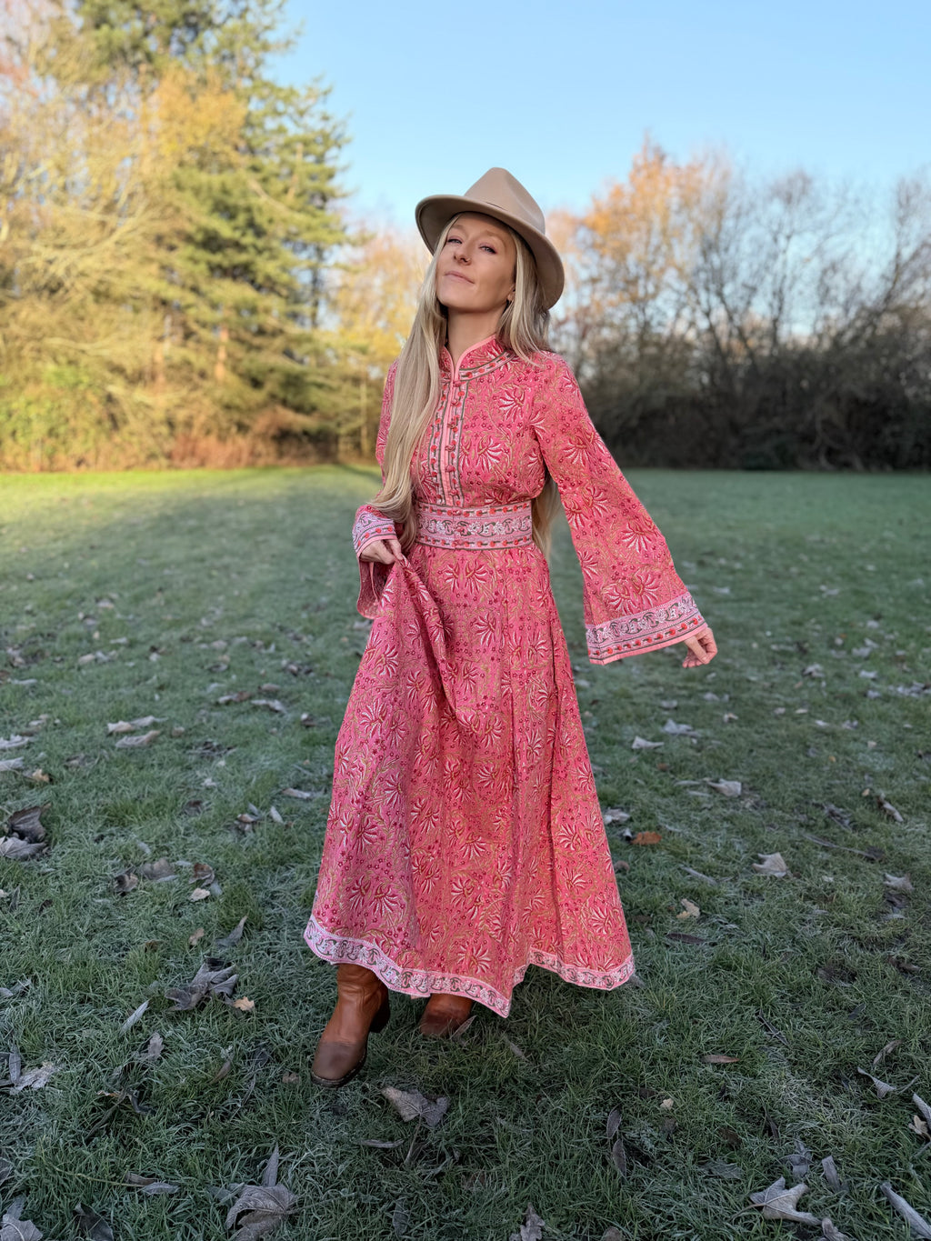 The Florence Bell Sleeve Dress in Pink | Traditionally Made & Block Printed