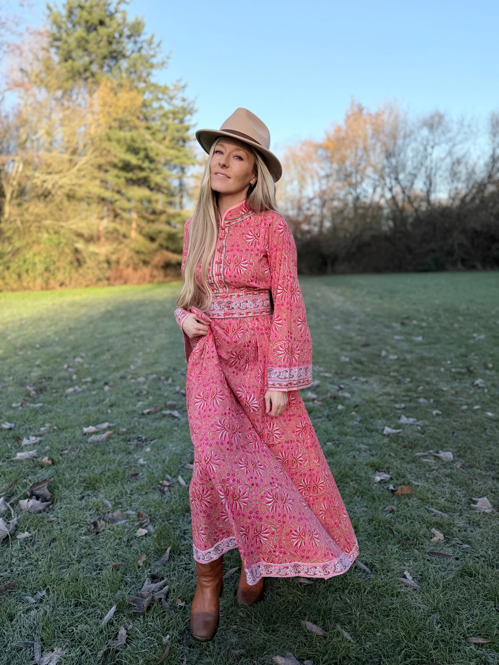 The Florence Bell Sleeve Dress in Pink | Traditionally Made & Block Printed
