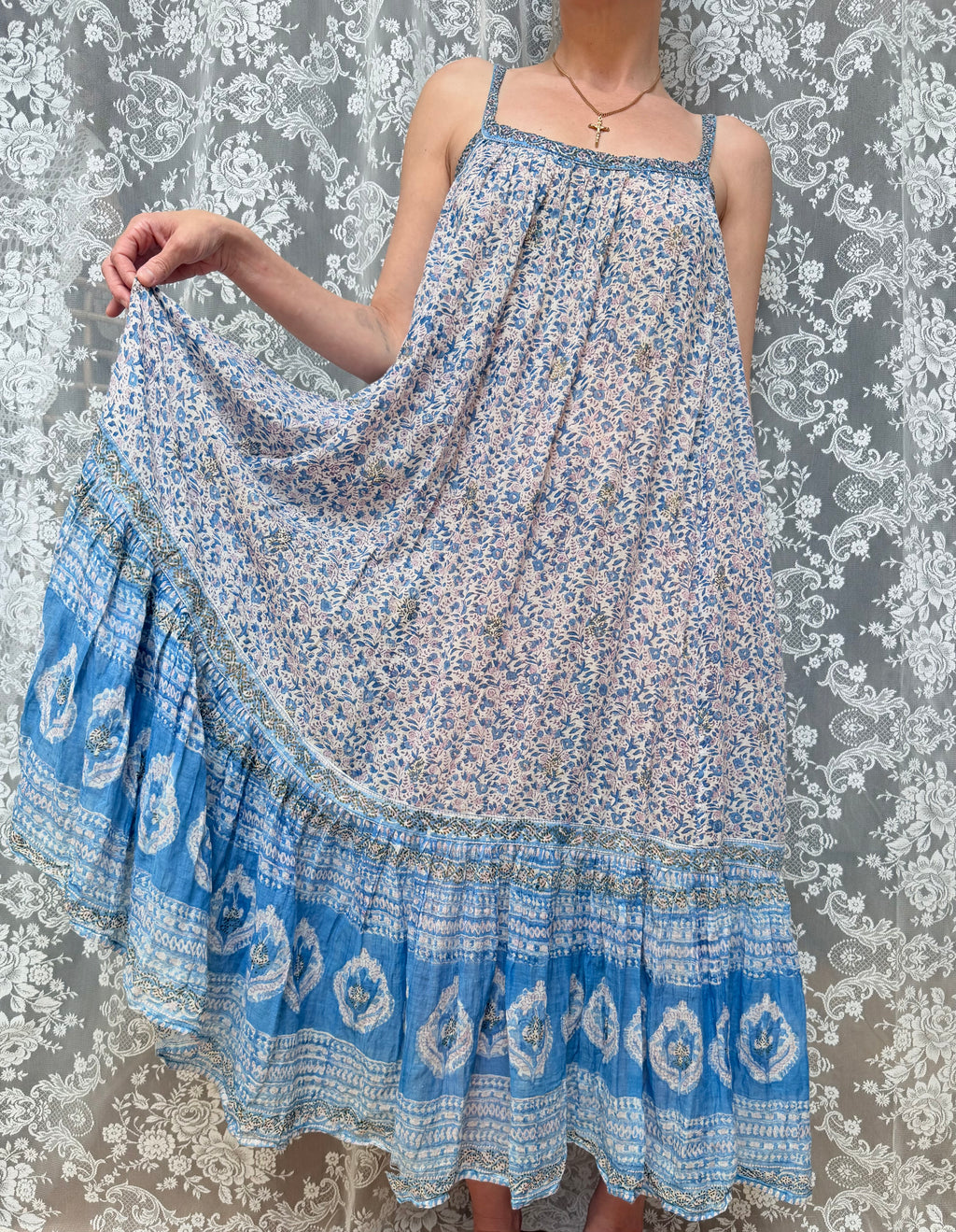 Vintage 1970s Blue and Floral Indian Block Print Summer Dress