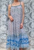 Vintage 1970s Blue and Floral Indian Block Print Summer Dress
