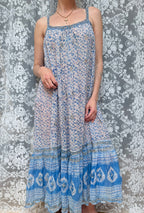 Vintage 1970s Blue and Floral Indian Block Print Summer Dress
