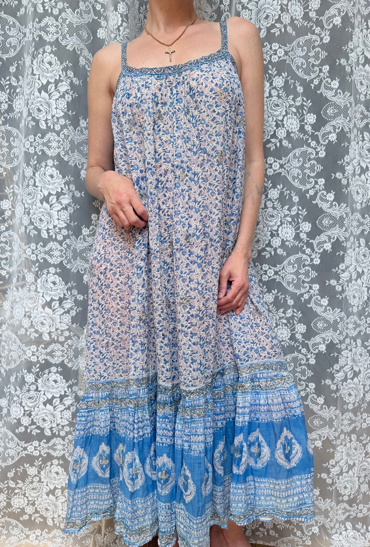 Vintage 1970s Blue and Floral Indian Block Print Summer Dress