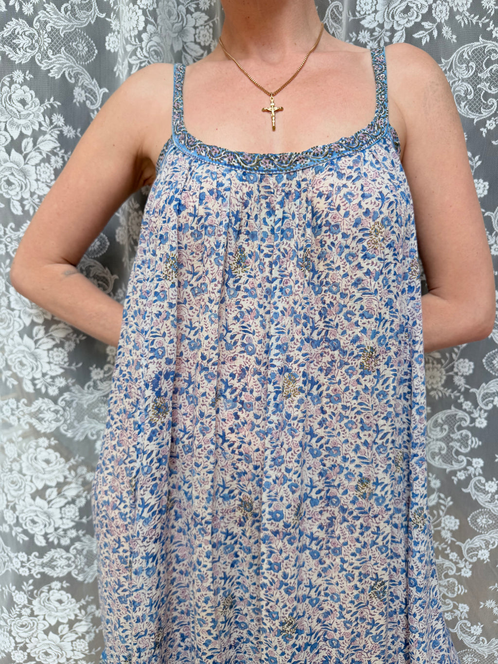 Vintage 1970s Blue and Floral Indian Block Print Summer Dress
