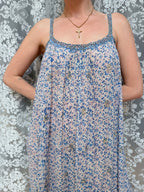 Vintage 1970s Blue and Floral Indian Block Print Summer Dress