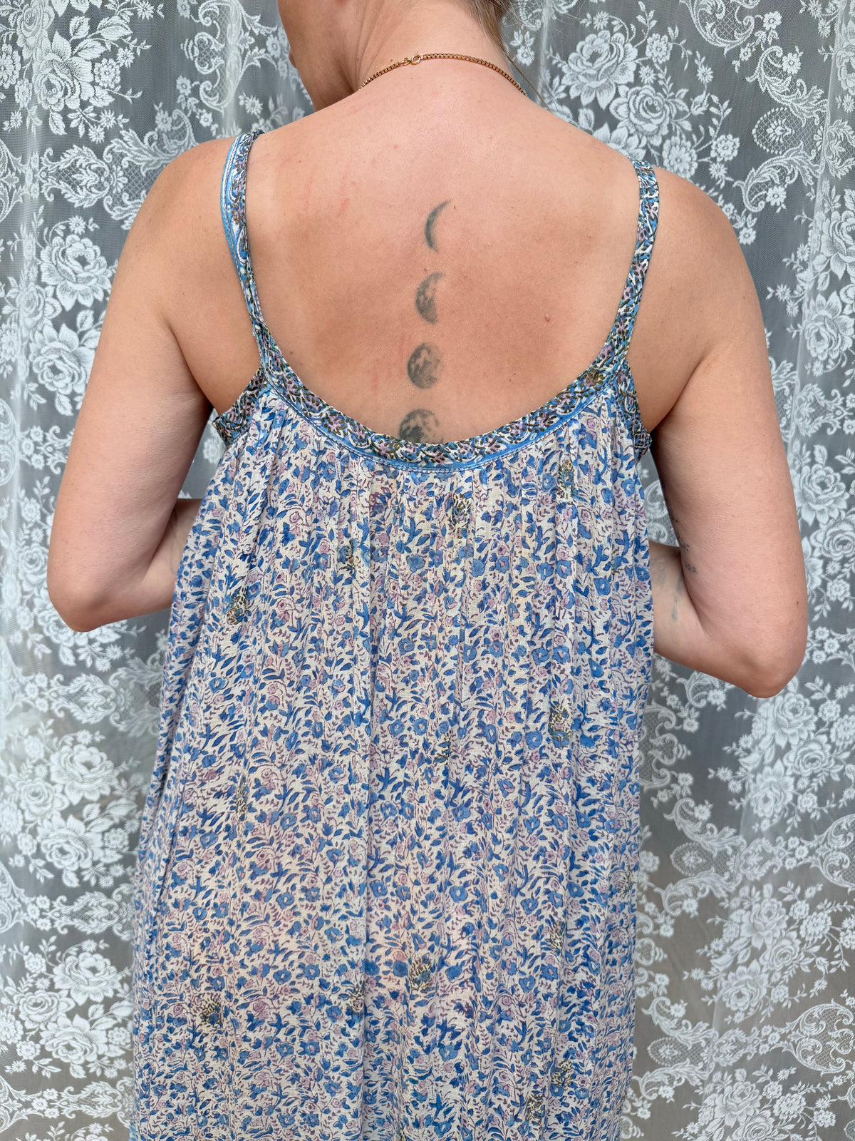 Vintage 1970s Blue and Floral Indian Block Print Summer Dress