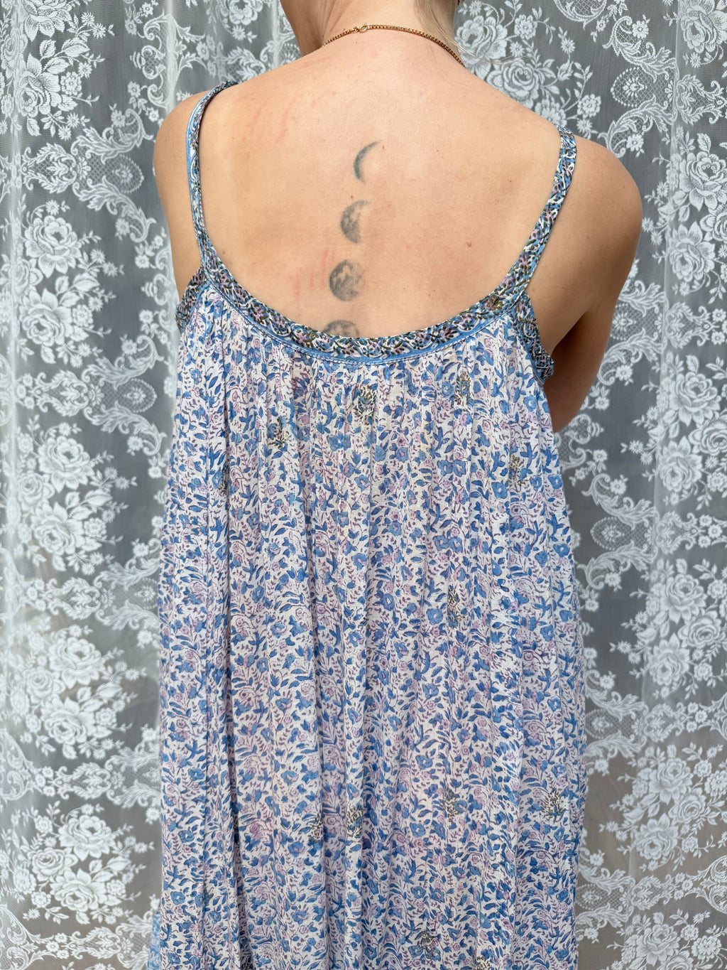 Vintage 1970s Blue and Floral Indian Block Print Summer Dress