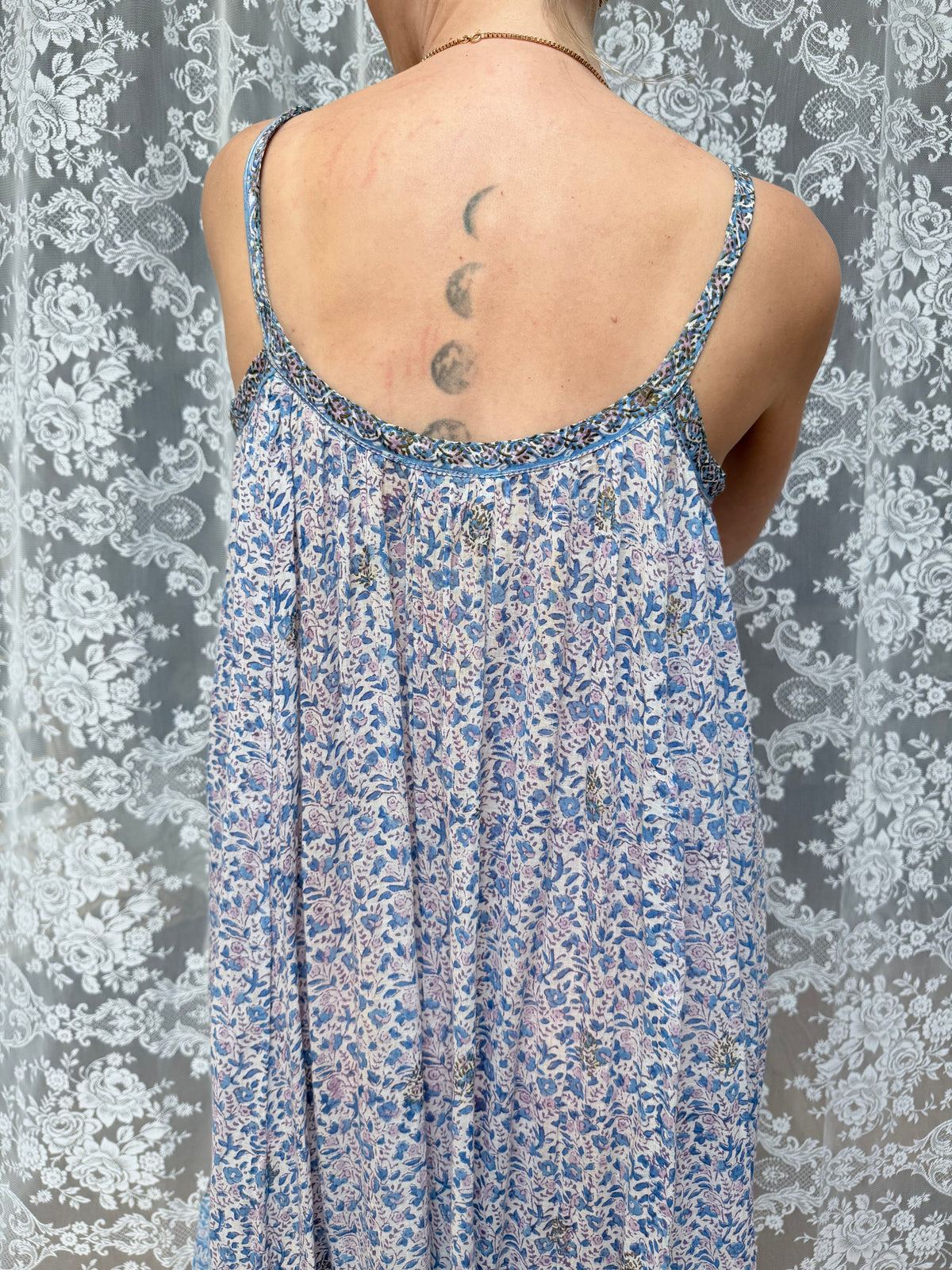 Vintage 1970s Blue and Floral Indian Block Print Summer Dress