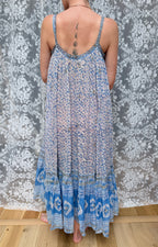Vintage 1970s Blue and Floral Indian Block Print Summer Dress