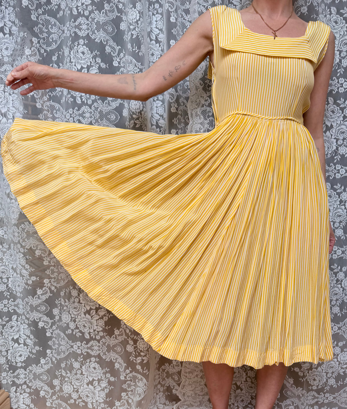 Vintage 1940s Yellow and White Pinstripe Summer Dress | Swing Dress