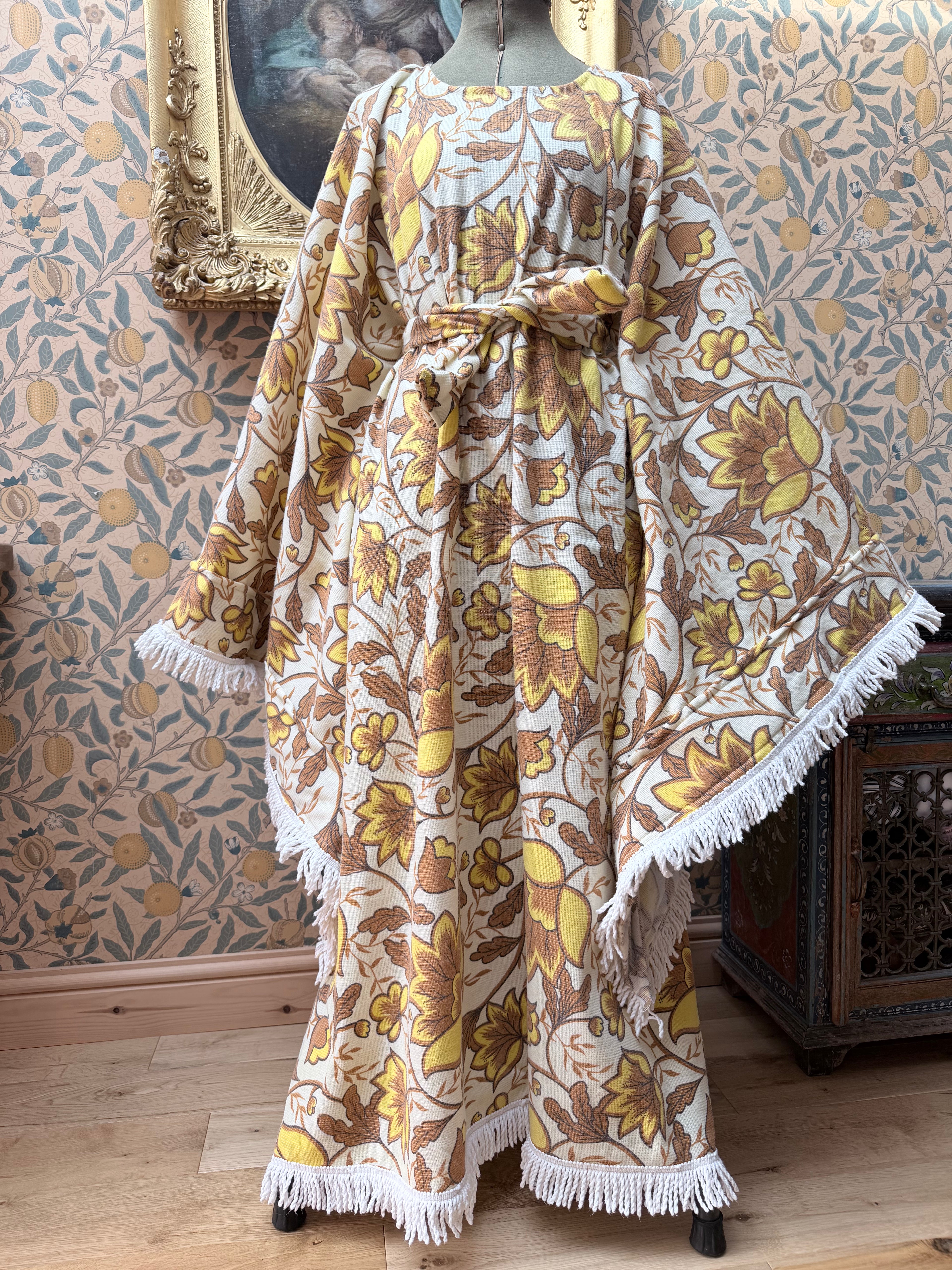 Vintage Handmade Yellow Floral Bell Sleeve Bed Sheet Maxi Dress