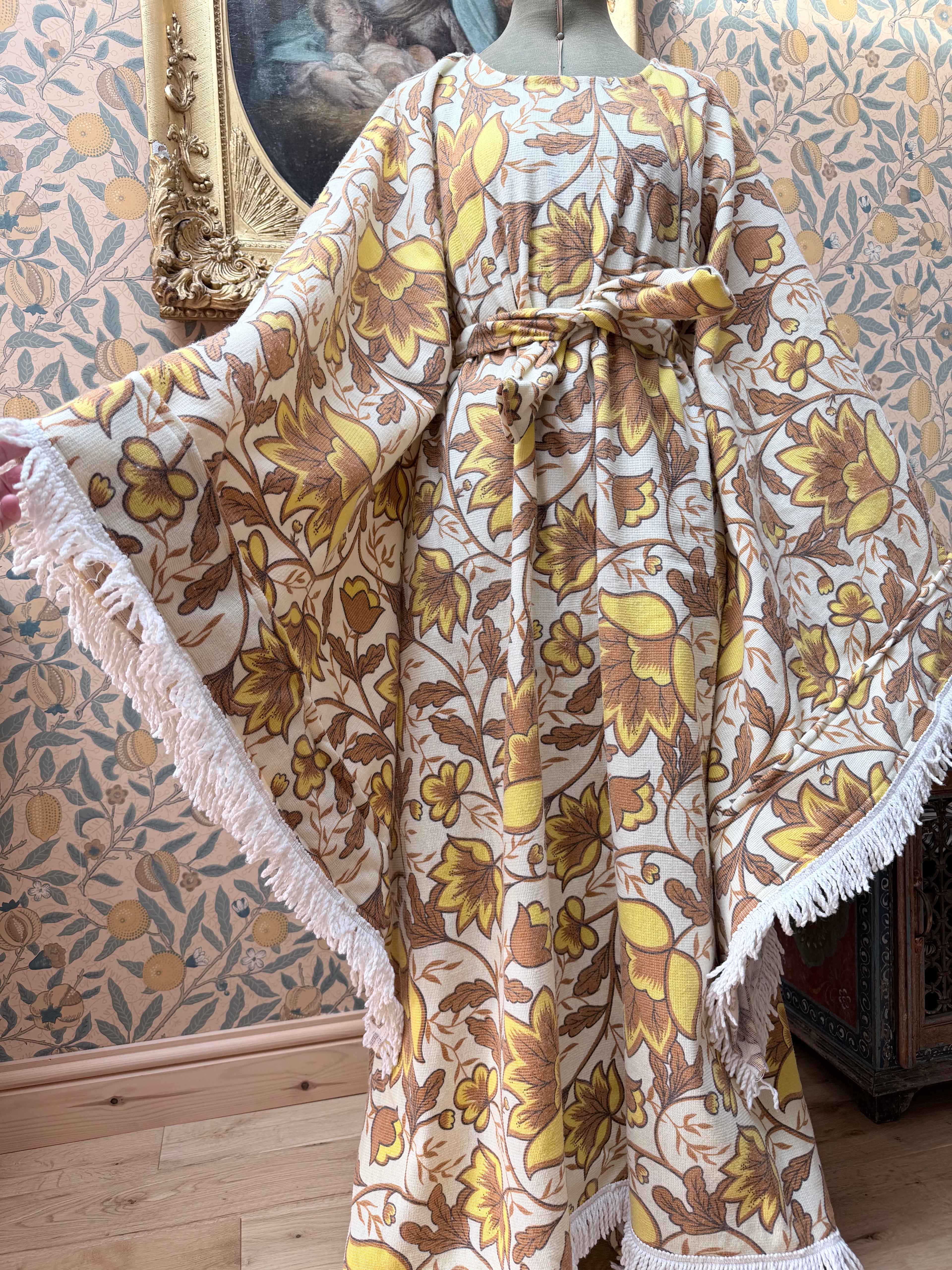 Vintage Handmade Yellow Floral Bell Sleeve Bed Sheet Maxi Dress