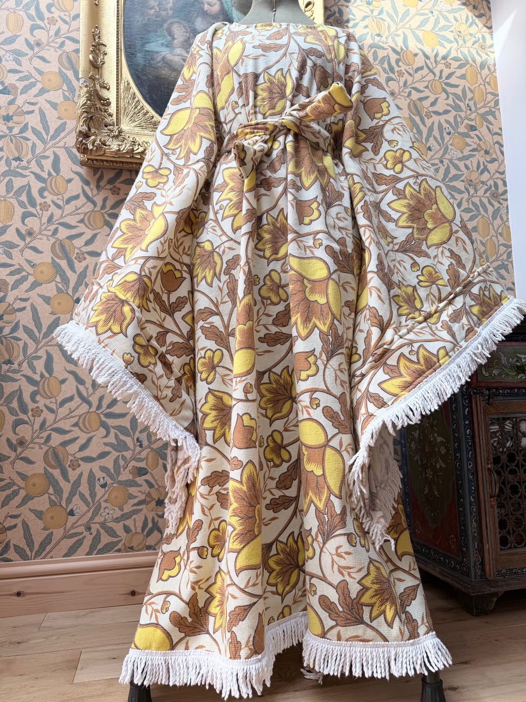 Vintage Handmade Yellow Floral Bell Sleeve Bed Sheet Maxi Dress