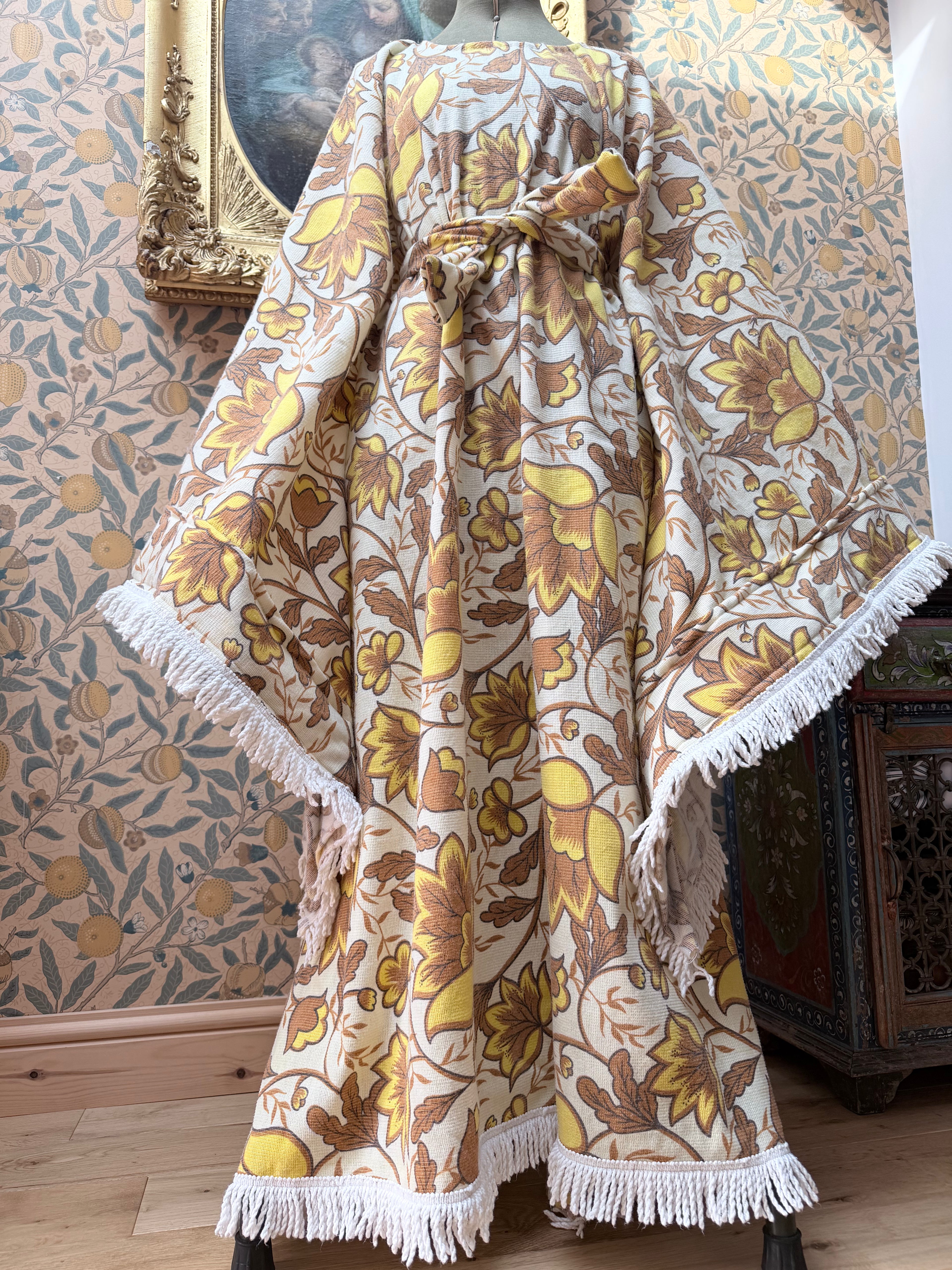 Vintage Handmade Yellow Floral Bell Sleeve Bed Sheet Maxi Dress