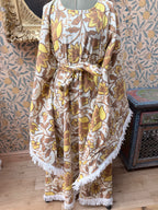 Vintage Handmade Yellow Floral Bell Sleeve Bed Sheet Maxi Dress