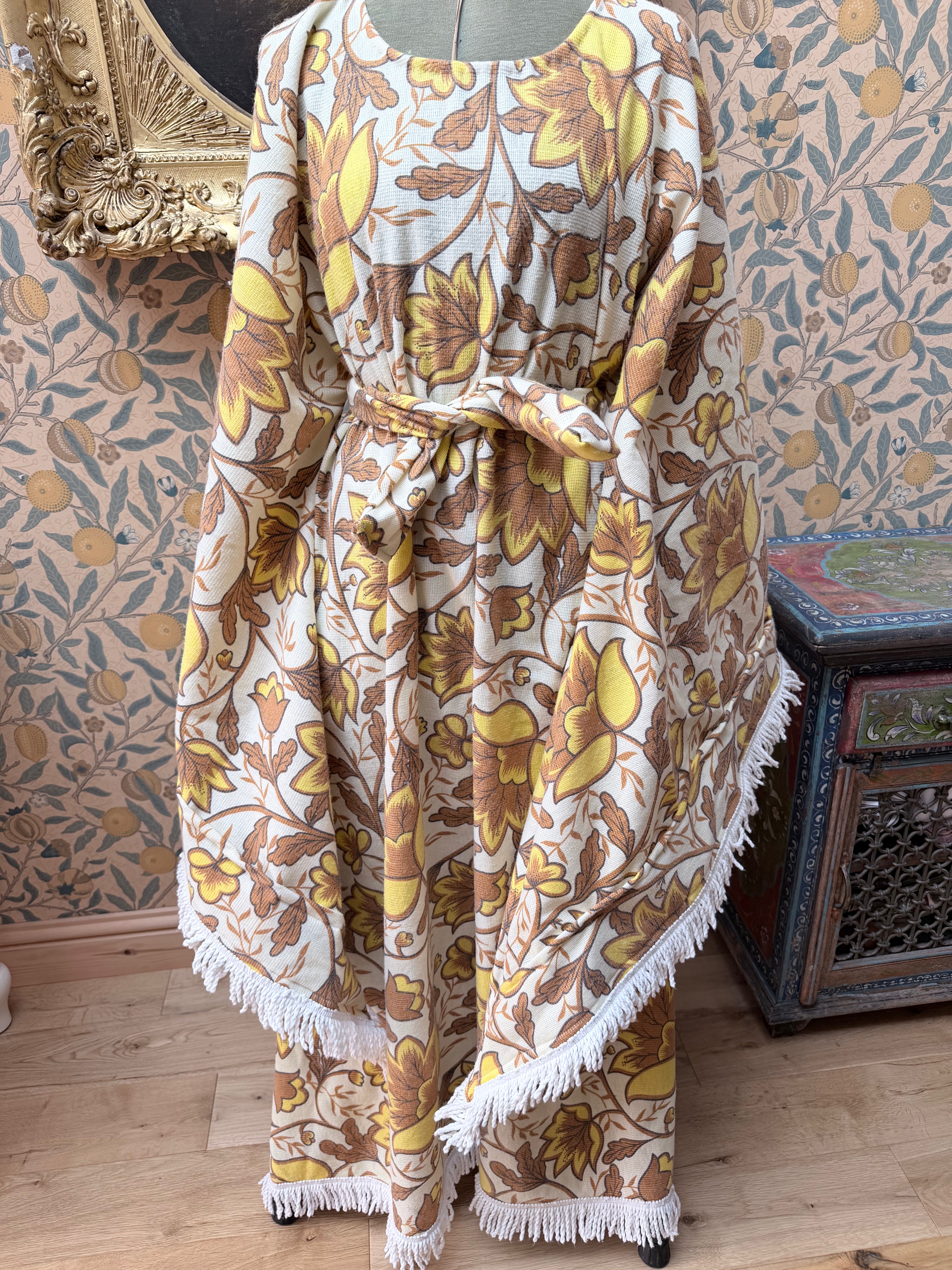 Vintage Handmade Yellow Floral Bell Sleeve Bed Sheet Maxi Dress