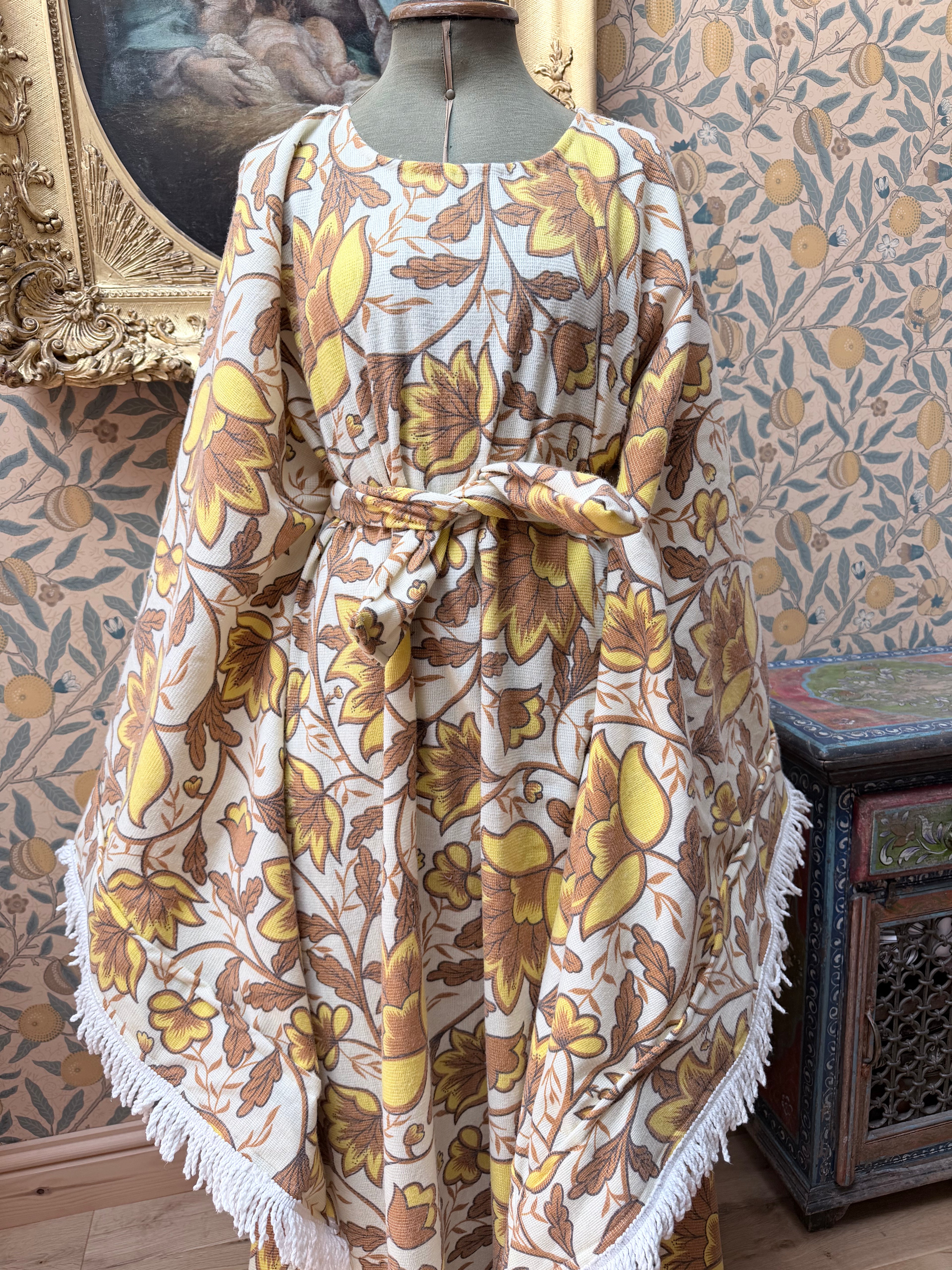 Vintage Handmade Yellow Floral Bell Sleeve Bed Sheet Maxi Dress