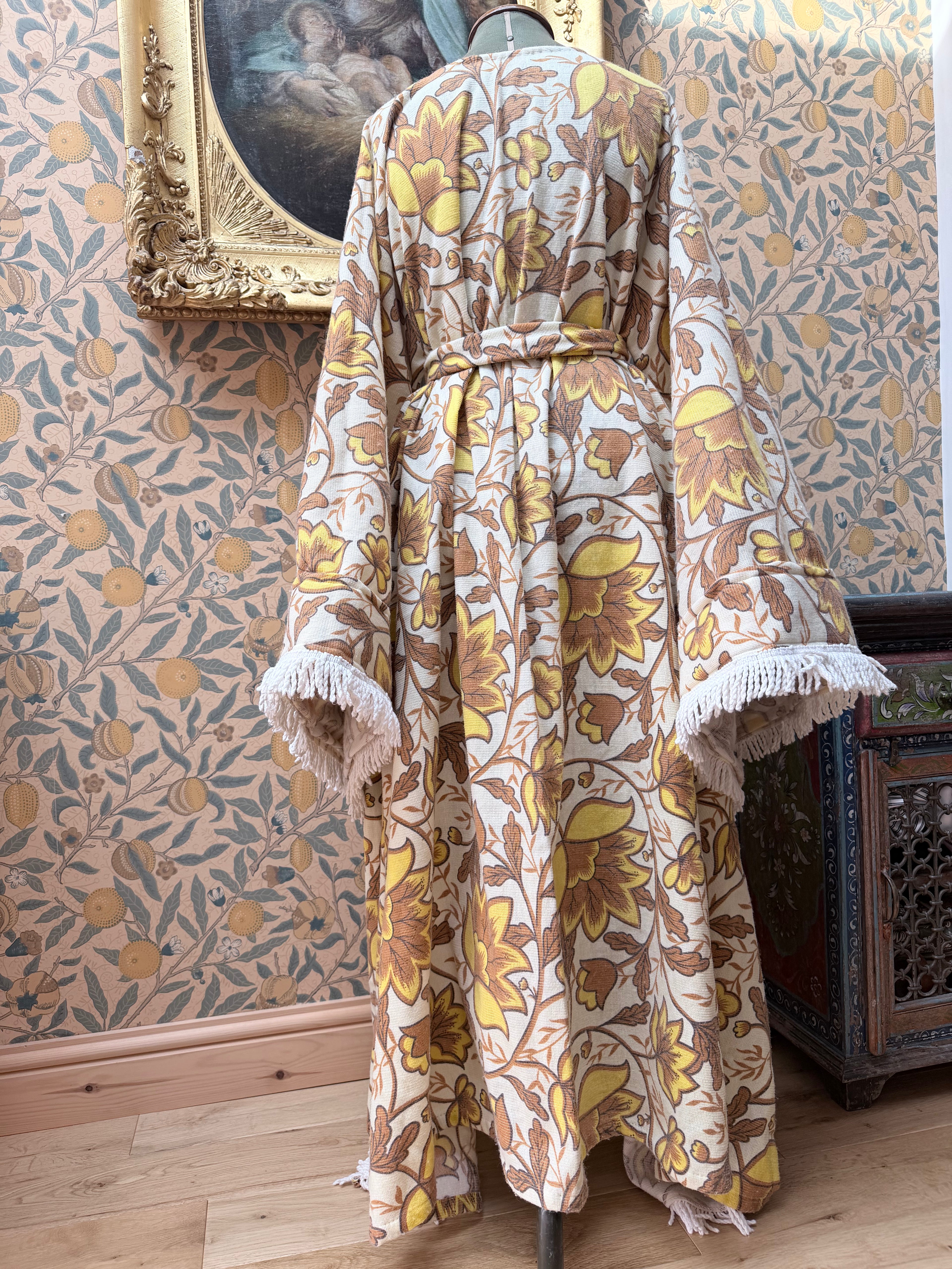 Vintage Handmade Yellow Floral Bell Sleeve Bed Sheet Maxi Dress