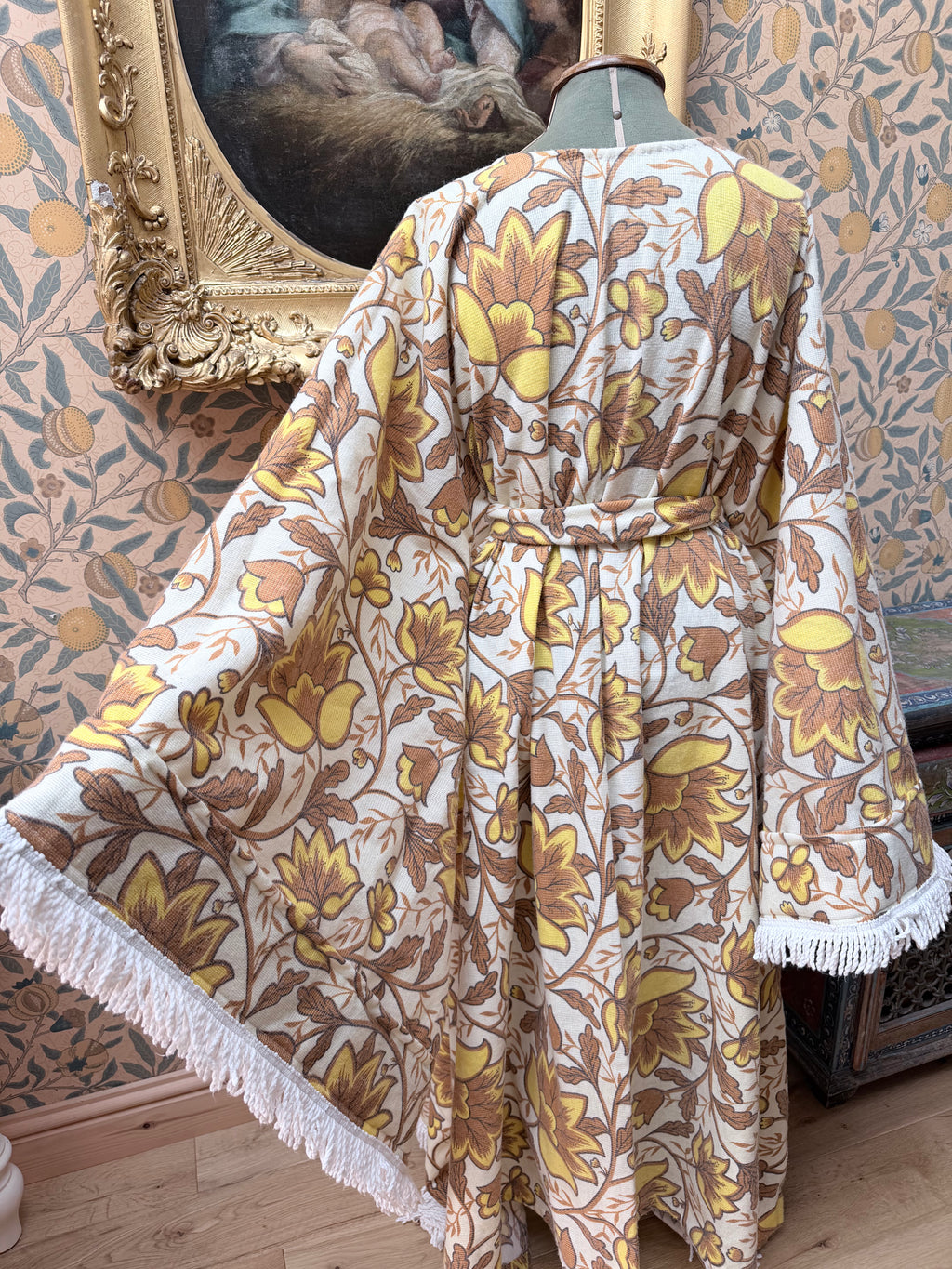 Vintage Handmade Yellow Floral Bell Sleeve Bed Sheet Maxi Dress