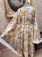 Vintage Handmade Yellow Floral Bell Sleeve Bed Sheet Maxi Dress