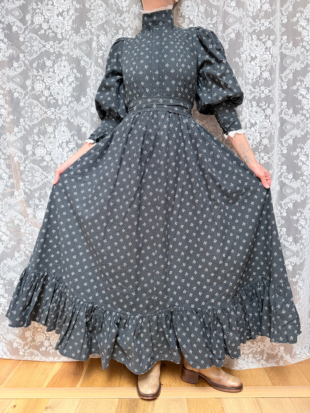 Vintage 1970s Laura Ashley Black Ditsy Floral Prairie Dress with White Lace