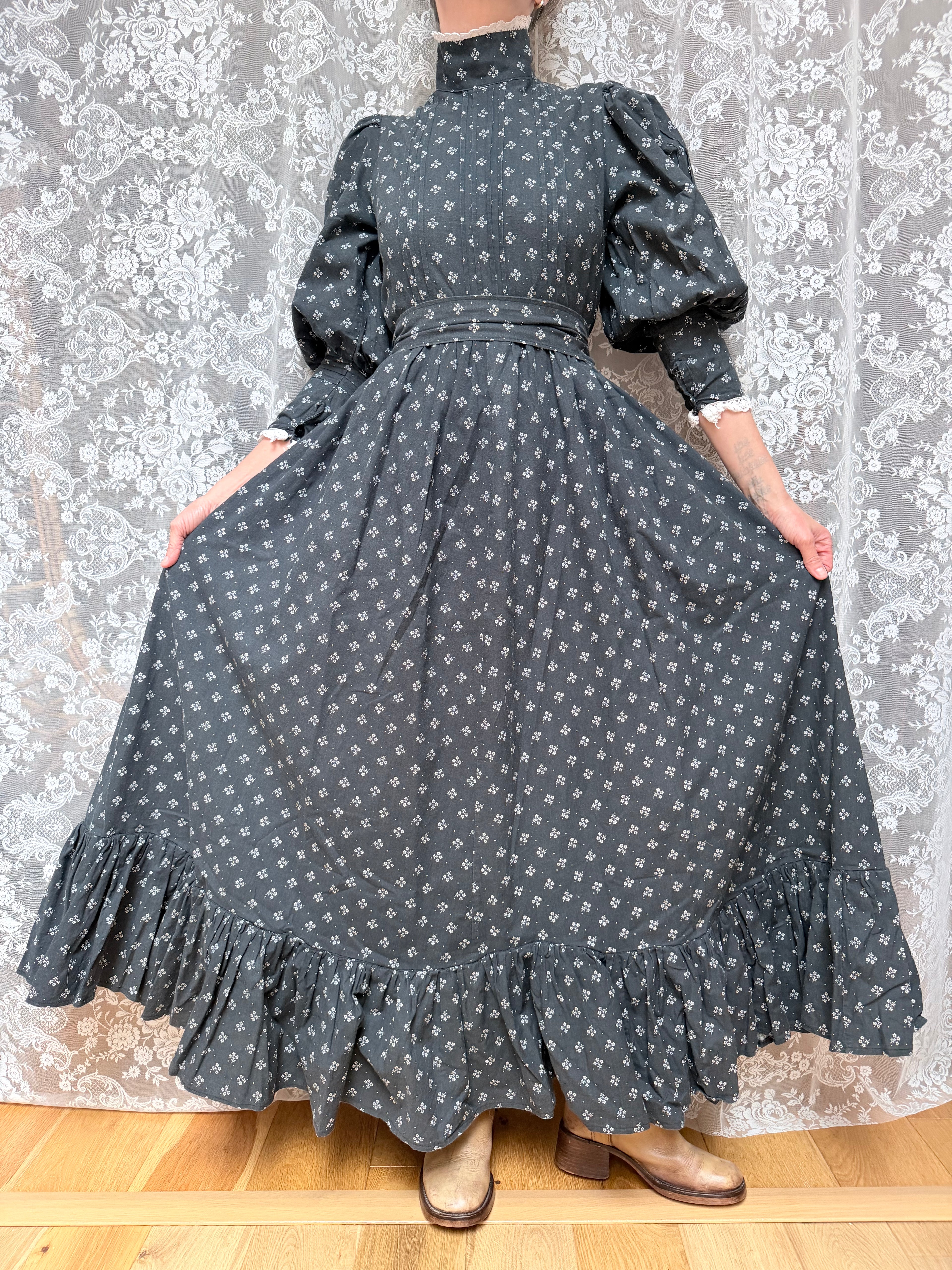Vintage 1970s Laura Ashley Black Ditsy Floral Prairie Dress with White Lace