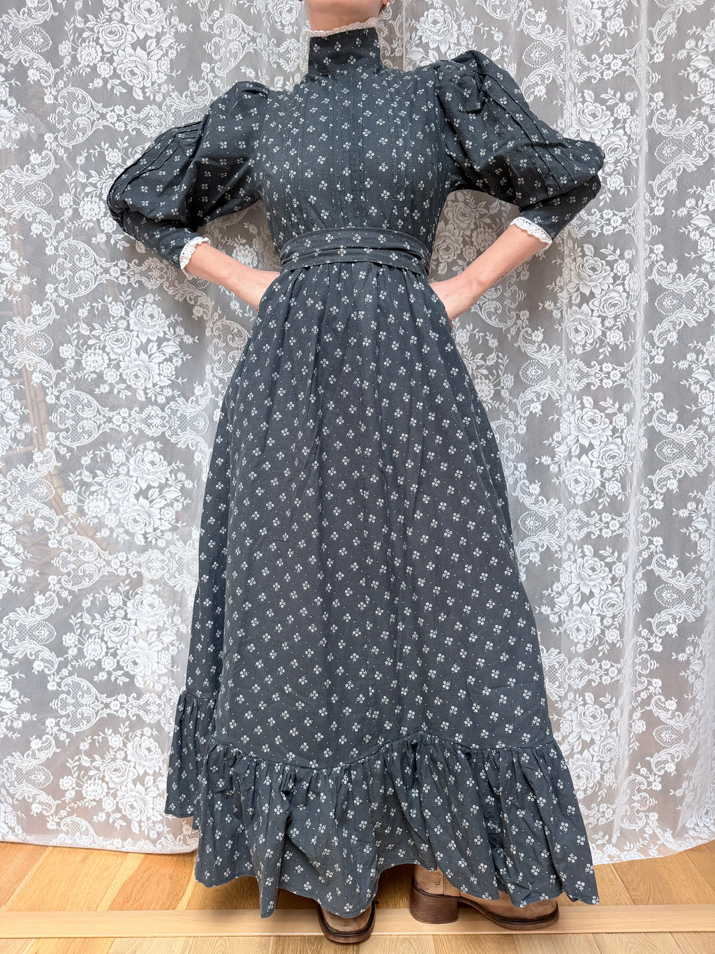 Vintage 1970s Laura Ashley Black Ditsy Floral Prairie Dress with White Lace
